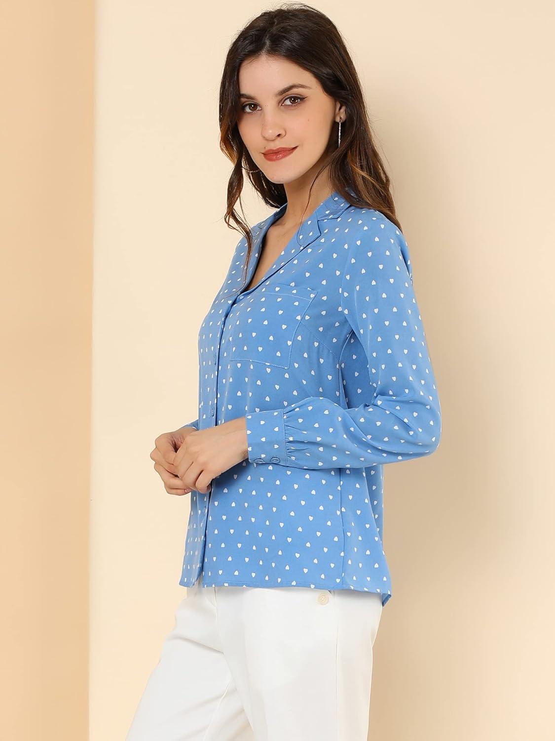 imageAllegra K Womens 1950s Vintage Long Sleeve Printed Button Down TopsLight Blue Heart