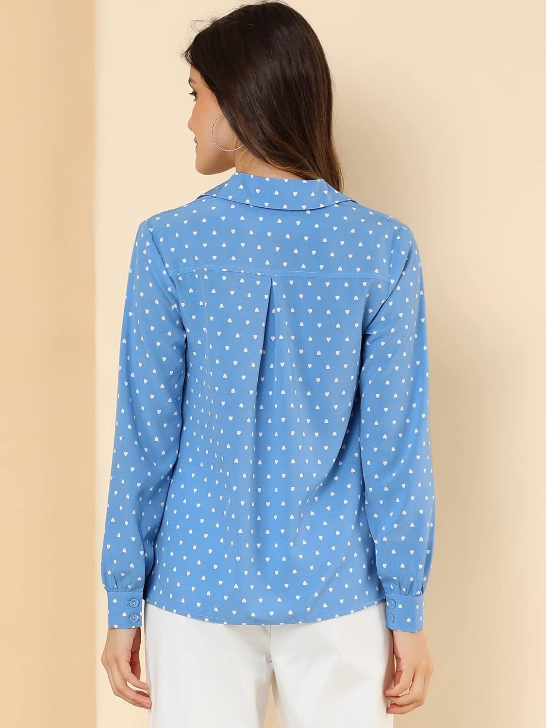 imageAllegra K Womens 1950s Vintage Long Sleeve Printed Button Down TopsLight Blue Heart