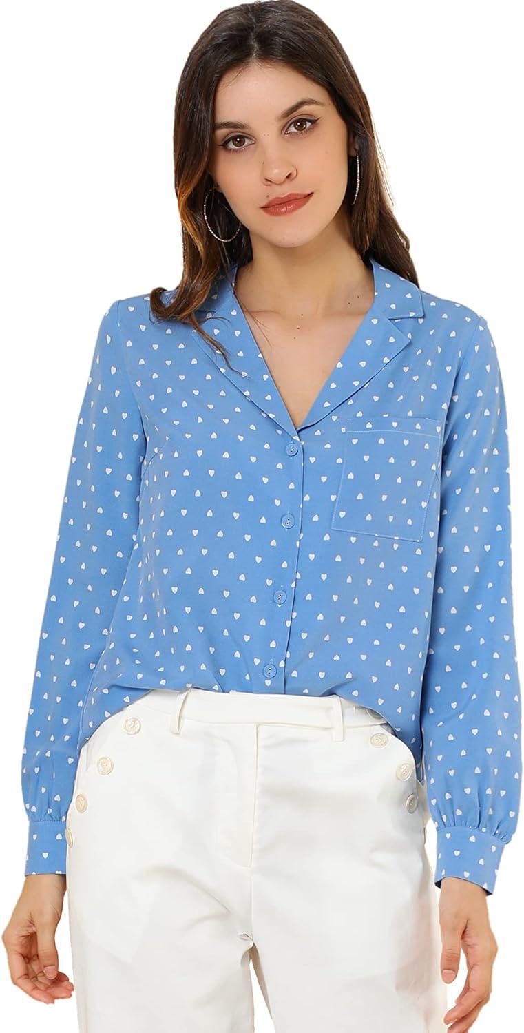 imageAllegra K Womens 1950s Vintage Long Sleeve Printed Button Down TopsLight Blue Heart