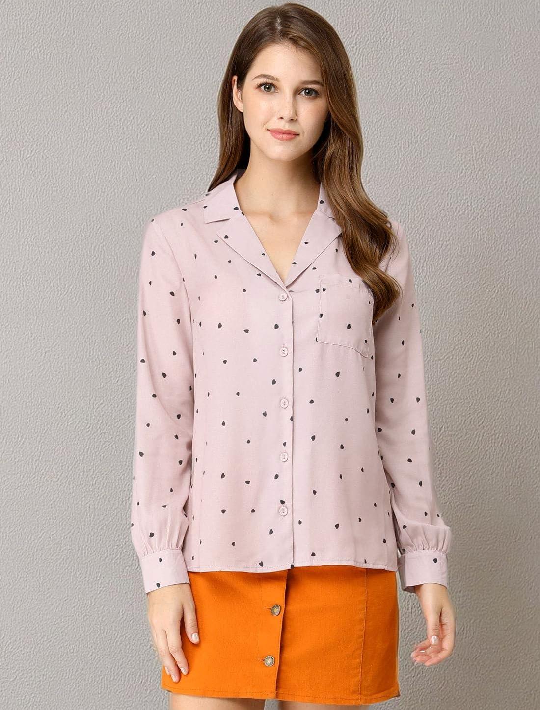 imageAllegra K Womens 1950s Vintage Long Sleeve Printed Button Down TopsPink Heart