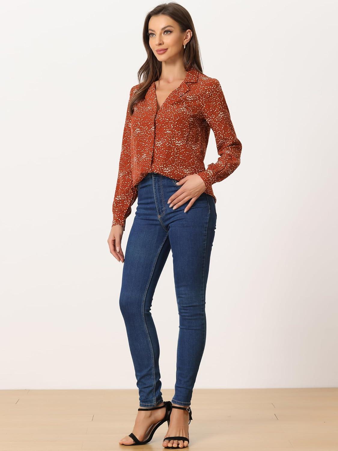 imageAllegra K Womens 1950s Vintage Long Sleeve Printed Button Down TopsRed Dot