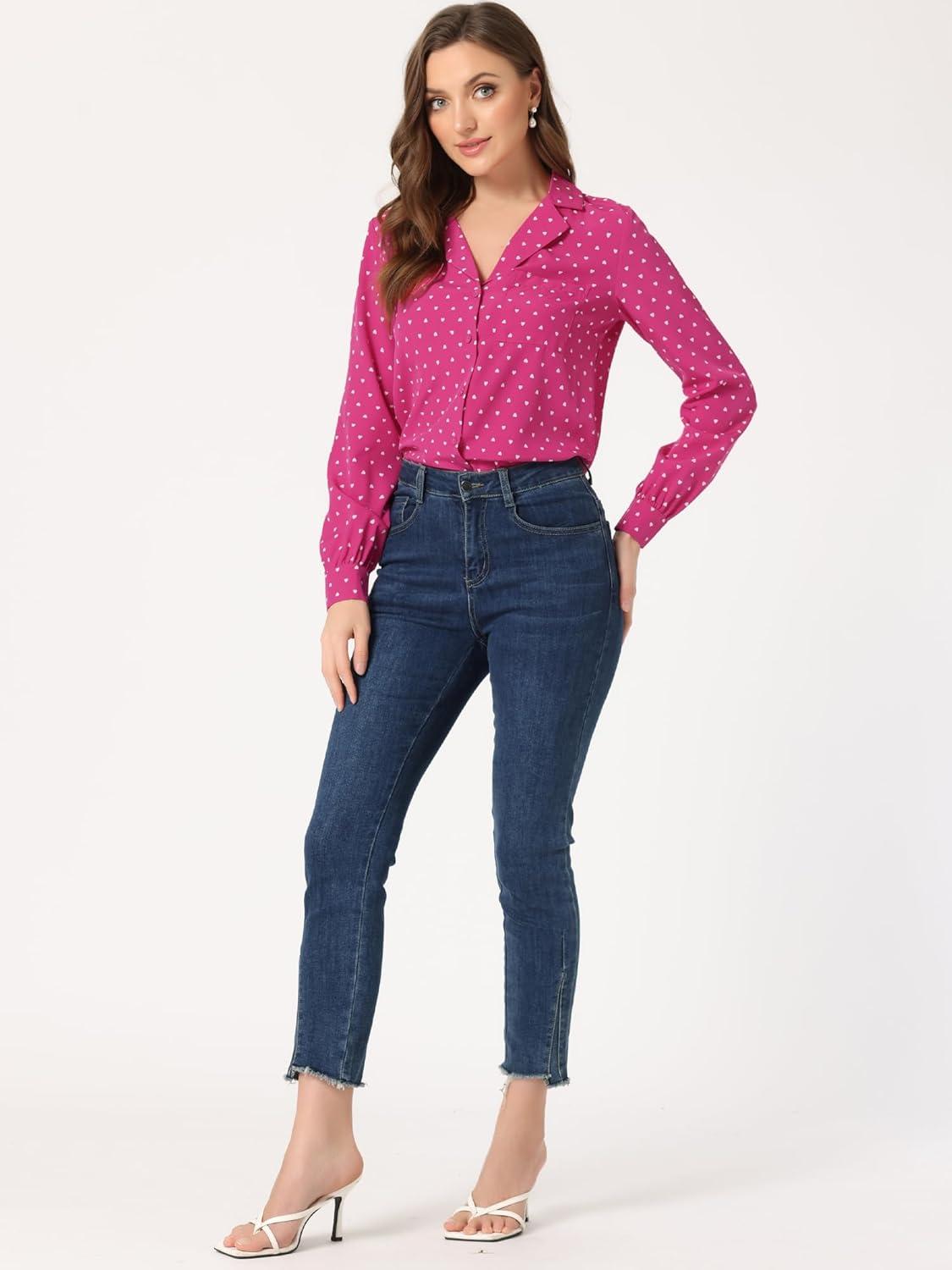 imageAllegra K Womens 1950s Vintage Long Sleeve Printed Button Down TopsRose Red Heart