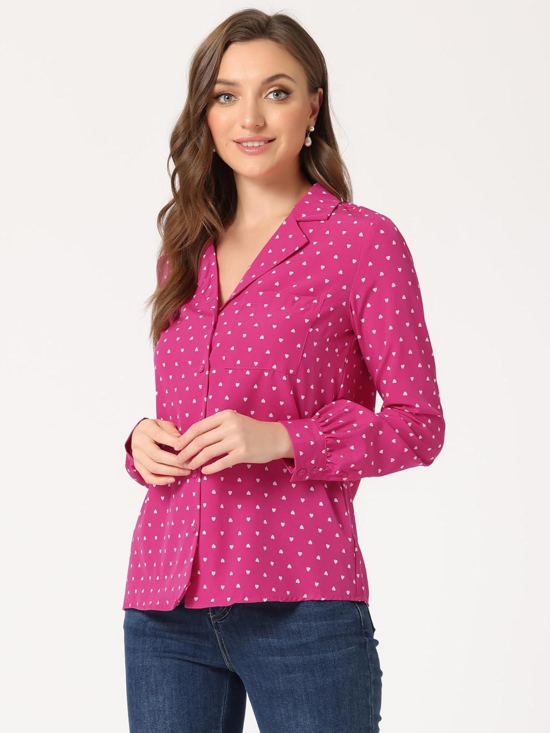 imageAllegra K Womens 1950s Vintage Long Sleeve Printed Button Down TopsRose Red Heart