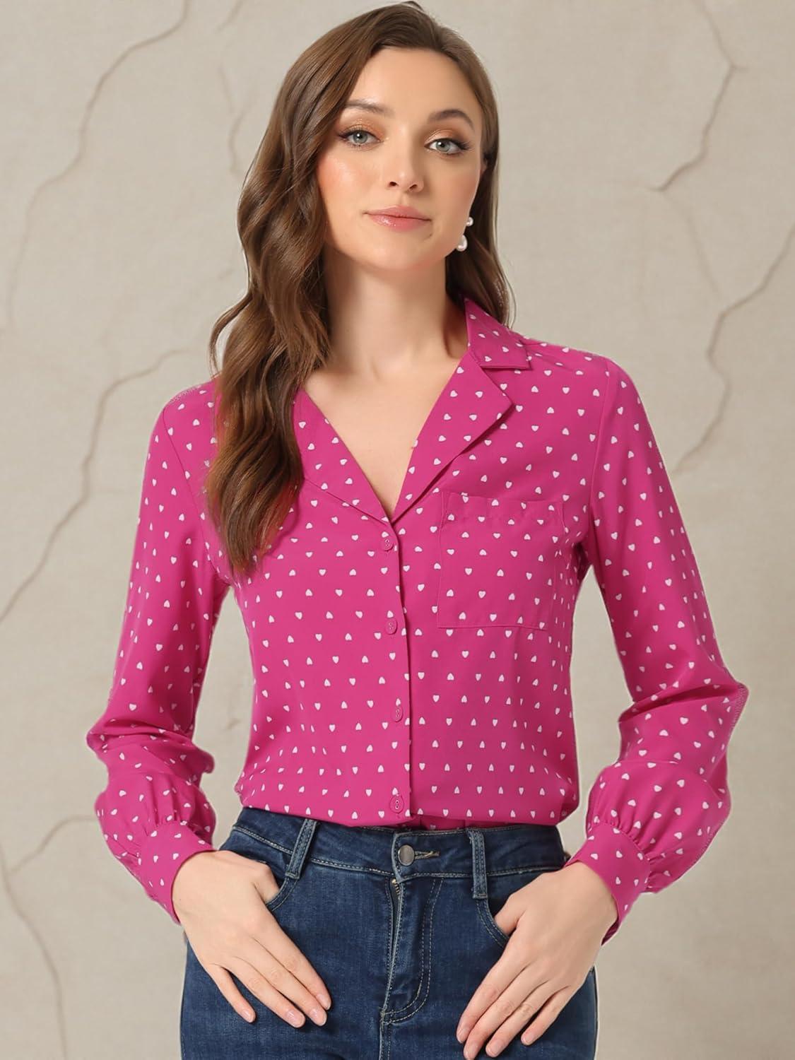 imageAllegra K Womens 1950s Vintage Long Sleeve Printed Button Down TopsRose Red Heart