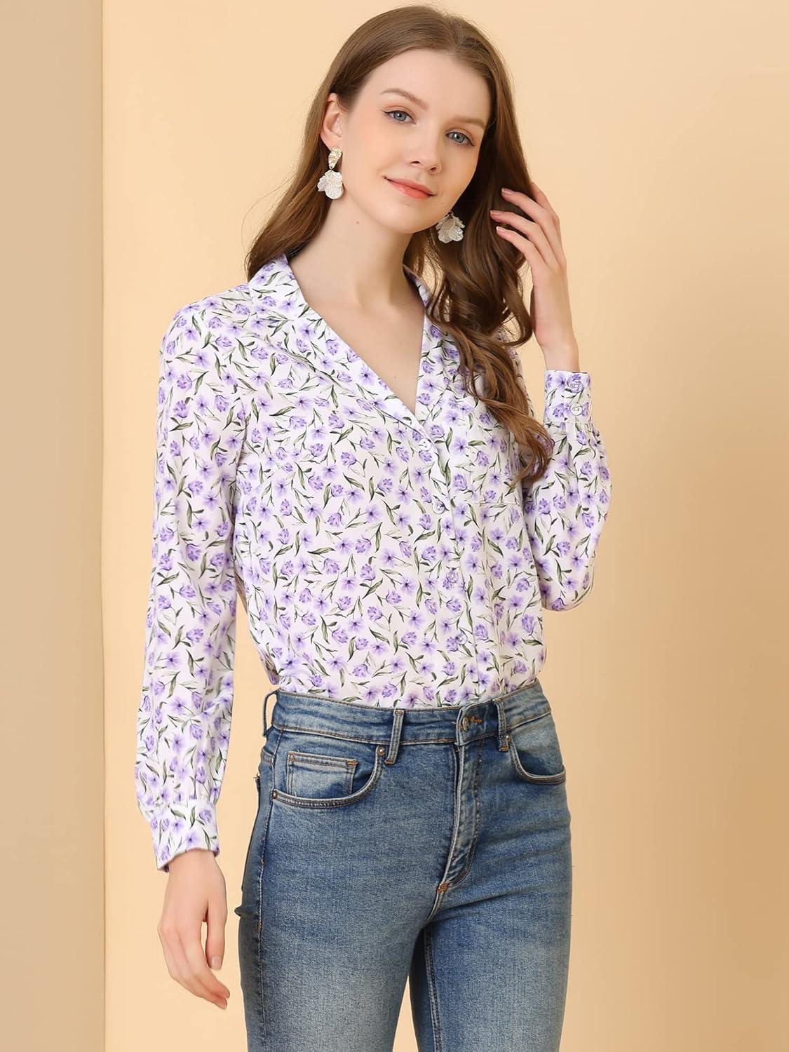 imageAllegra K Womens 1950s Vintage Long Sleeve Printed Button Down TopsWhite Floral