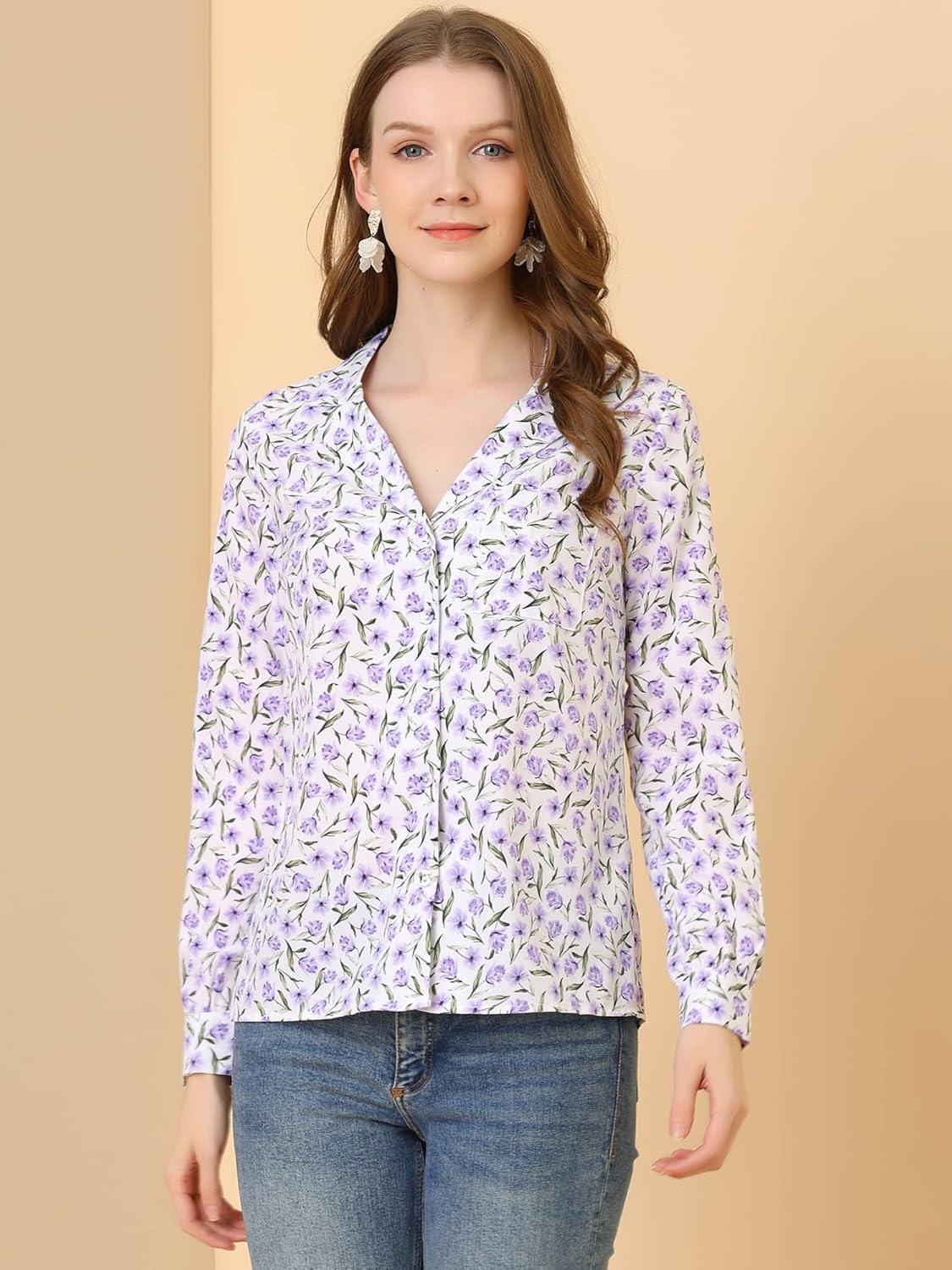 imageAllegra K Womens 1950s Vintage Long Sleeve Printed Button Down TopsWhite Floral