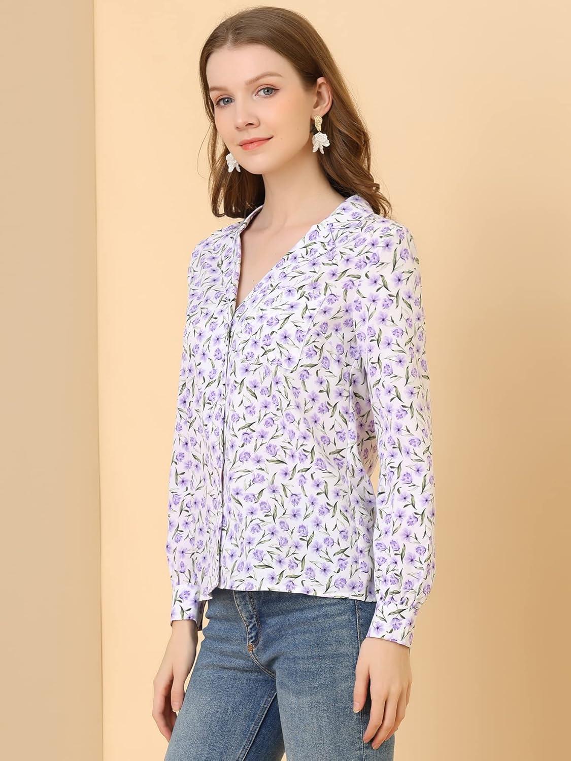 imageAllegra K Womens 1950s Vintage Long Sleeve Printed Button Down TopsWhite Floral