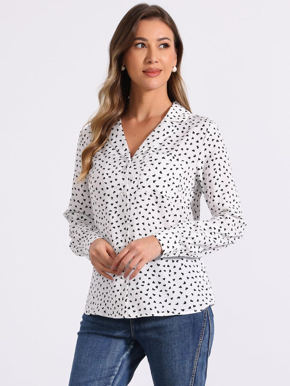 imageAllegra K Womens 1950s Vintage Long Sleeve Printed Button Down TopsWhite Heart