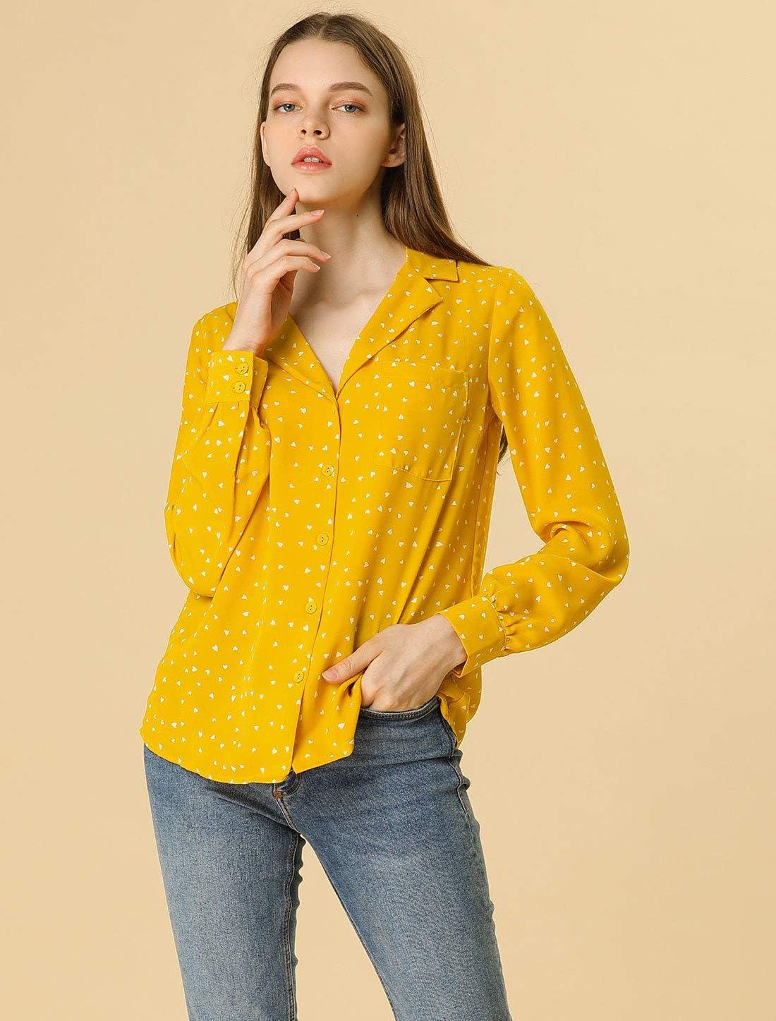 imageAllegra K Womens 1950s Vintage Long Sleeve Printed Button Down TopsYellow Heart