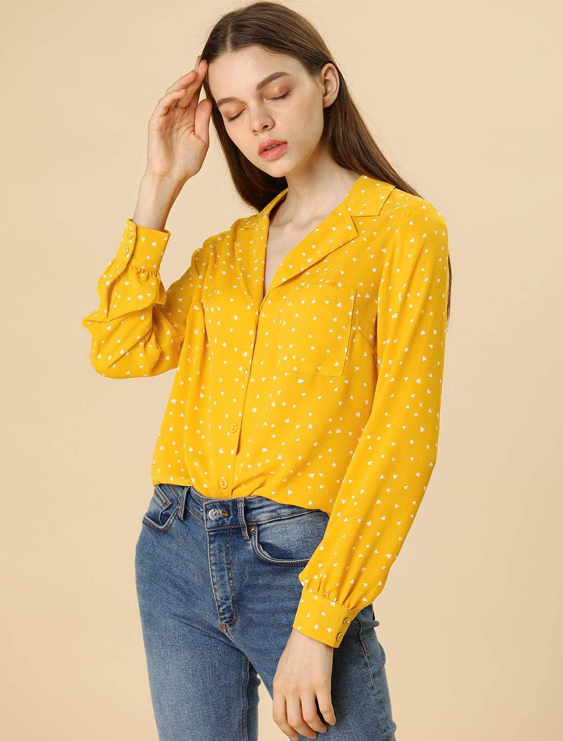 imageAllegra K Womens 1950s Vintage Long Sleeve Printed Button Down TopsYellow Heart