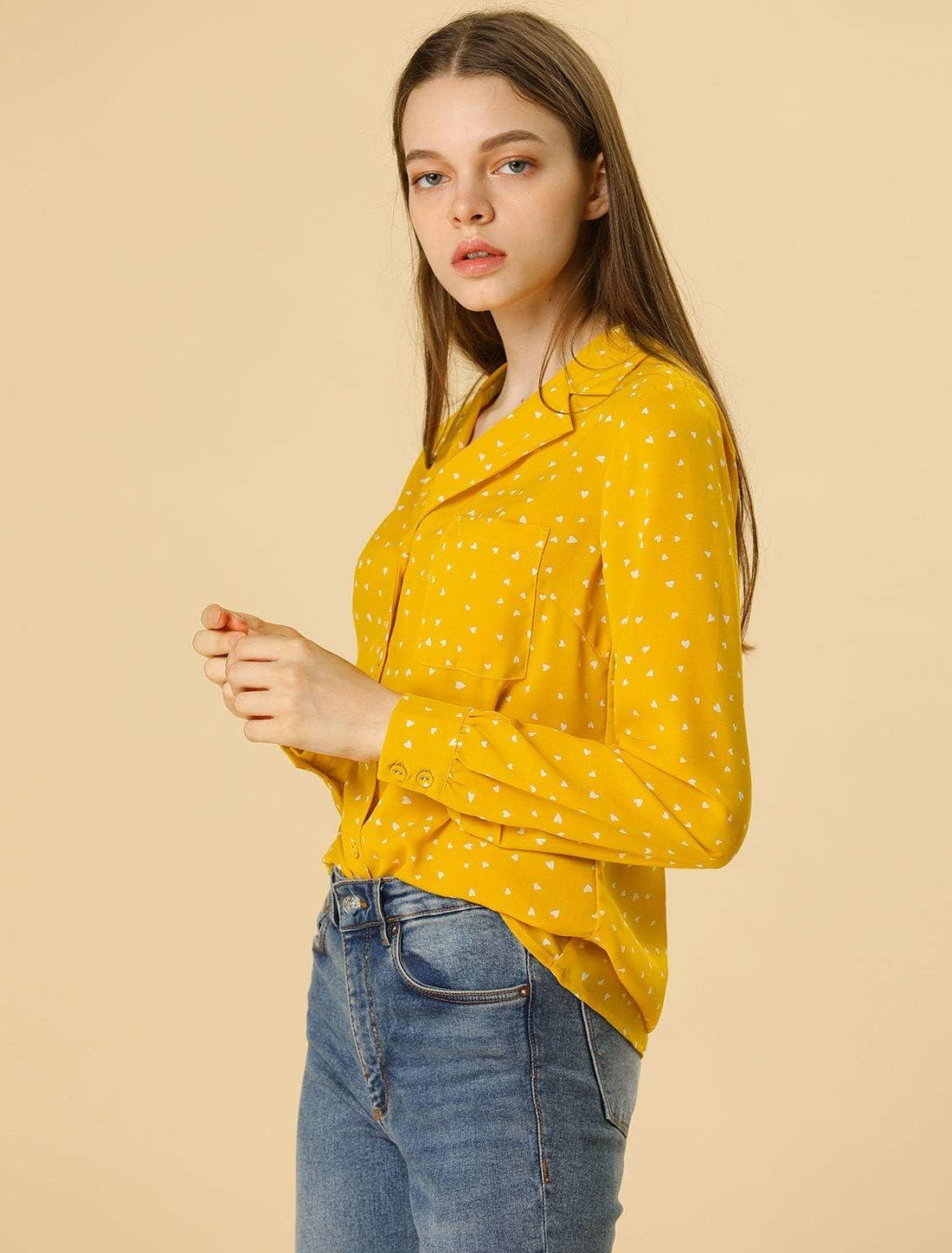 imageAllegra K Womens 1950s Vintage Long Sleeve Printed Button Down TopsYellow Heart