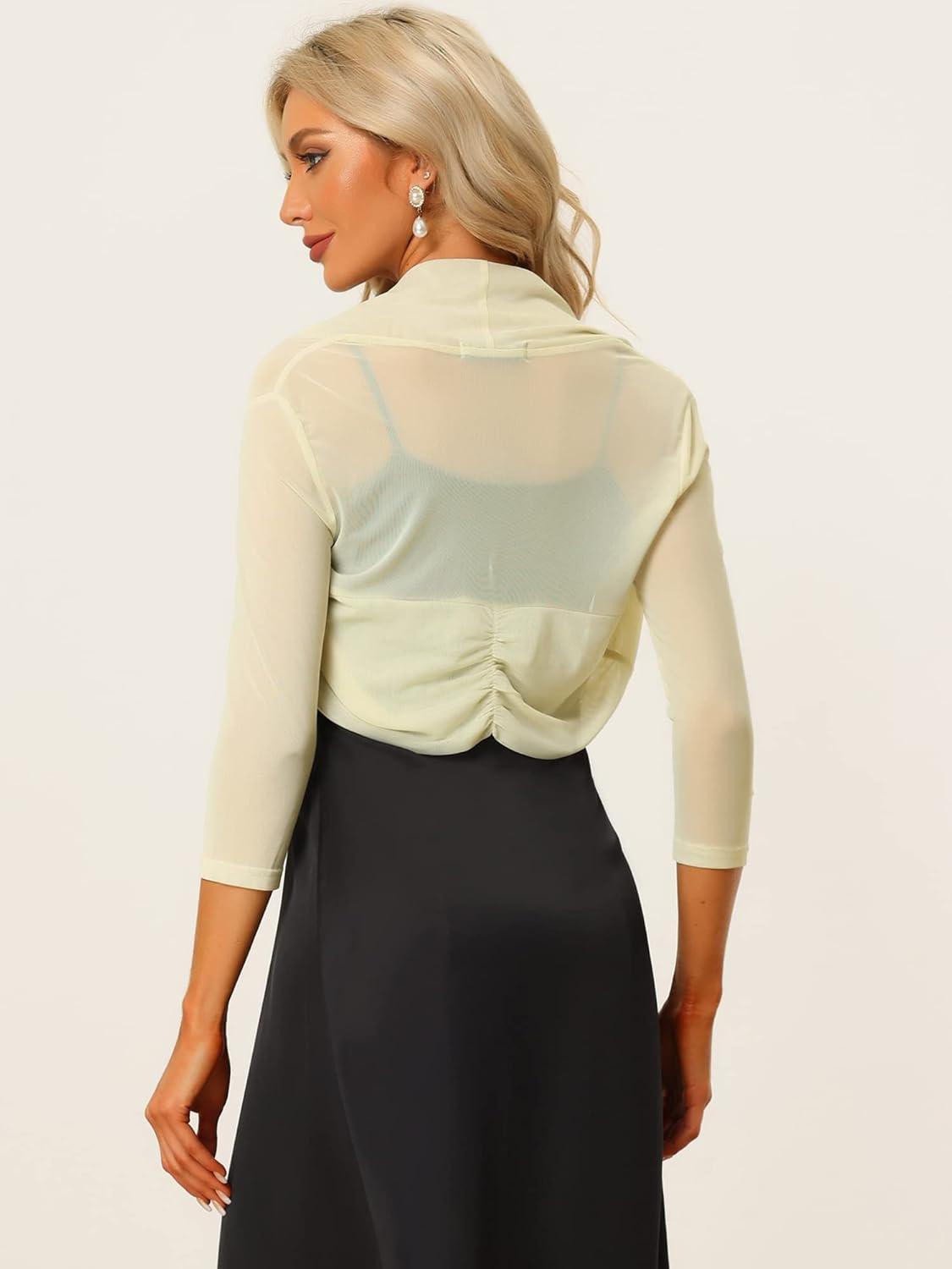 imageAllegra K Womens 34 Sleeve Sheer Mesh Shrug Open Front Cropped Bolero CardiganApricot