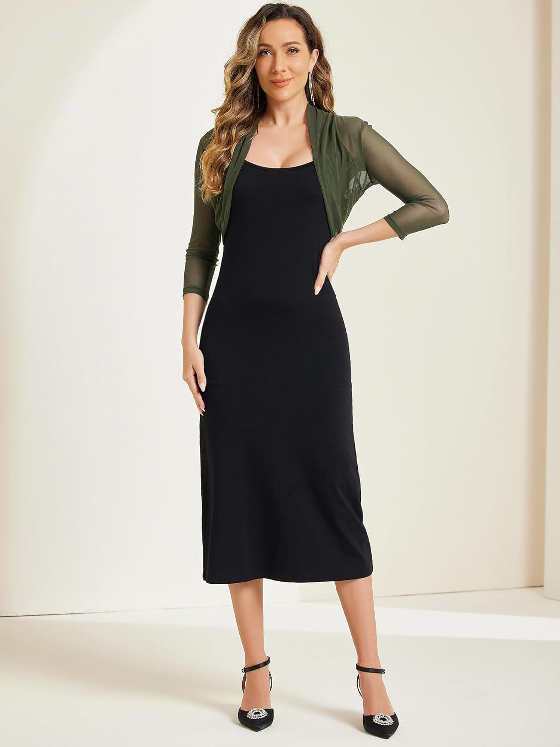 imageAllegra K Womens 34 Sleeve Sheer Mesh Shrug Open Front Cropped Bolero CardiganArmy Green