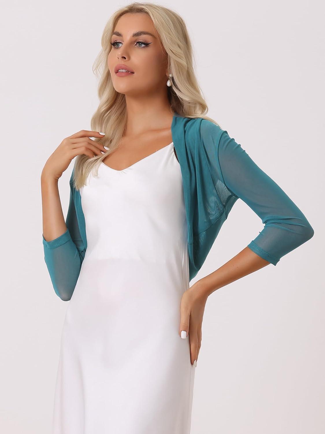 imageAllegra K Womens 34 Sleeve Sheer Mesh Shrug Open Front Cropped Bolero CardiganBlue