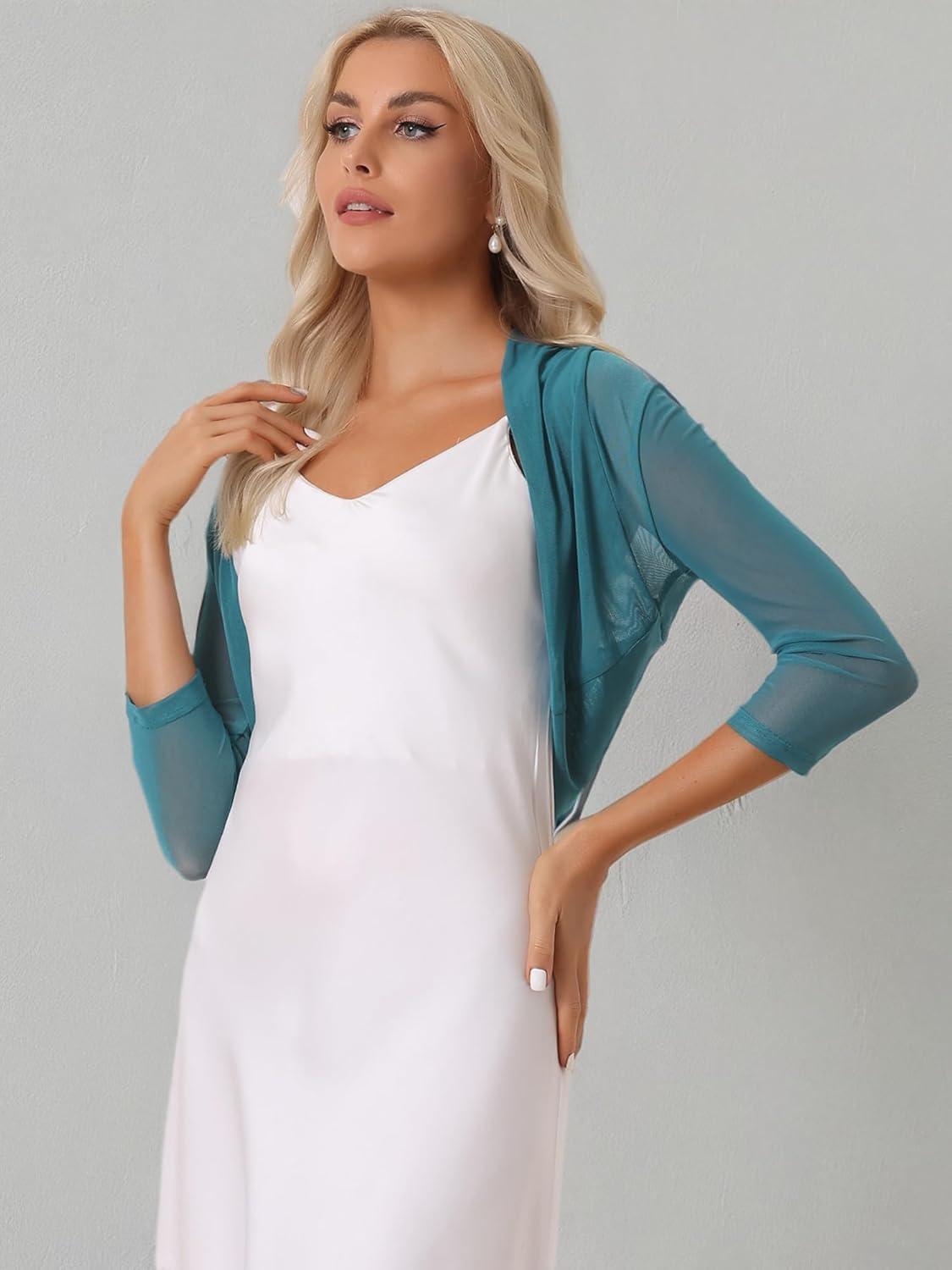 imageAllegra K Womens 34 Sleeve Sheer Mesh Shrug Open Front Cropped Bolero CardiganBlue