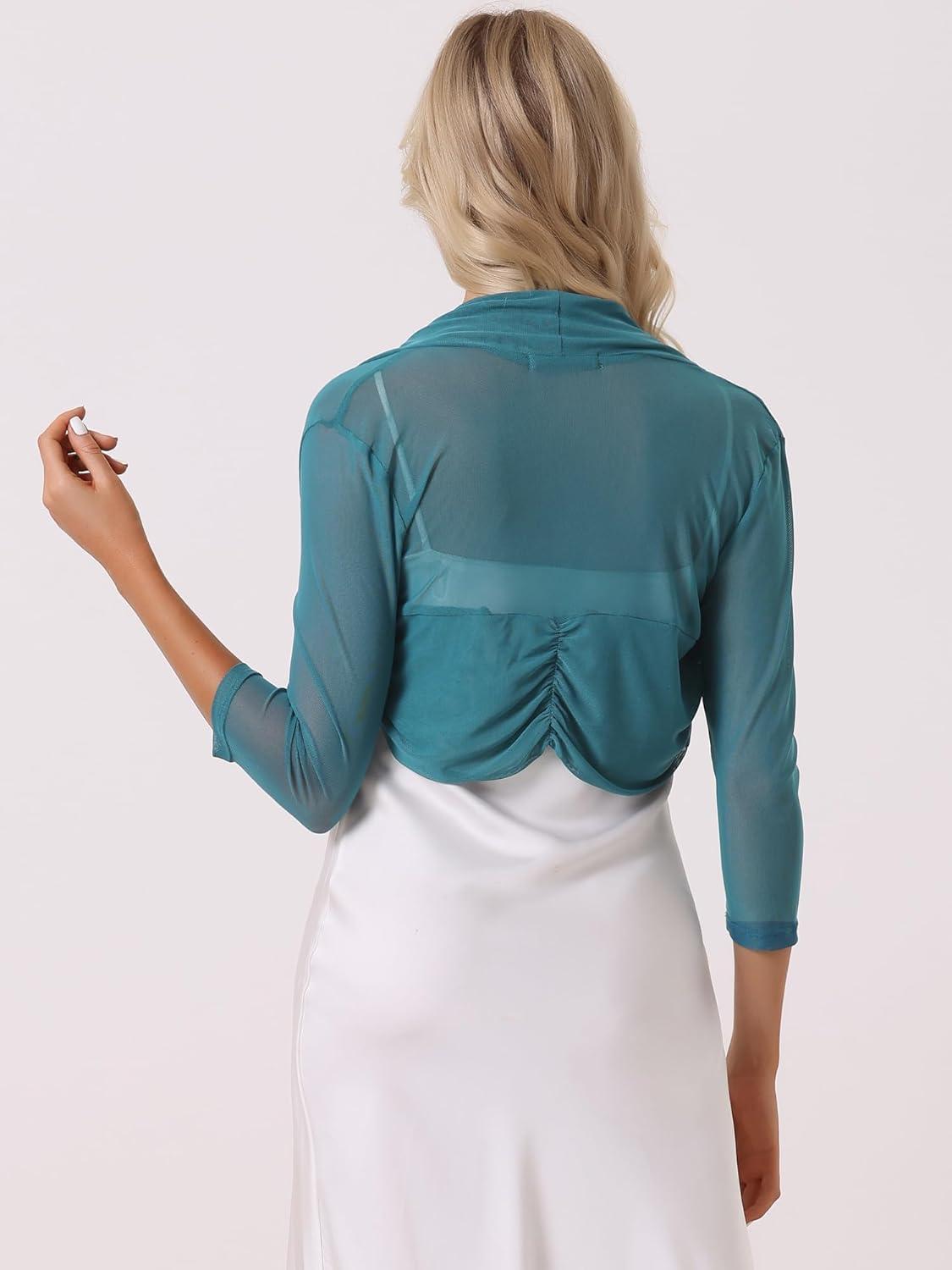imageAllegra K Womens 34 Sleeve Sheer Mesh Shrug Open Front Cropped Bolero CardiganBlue