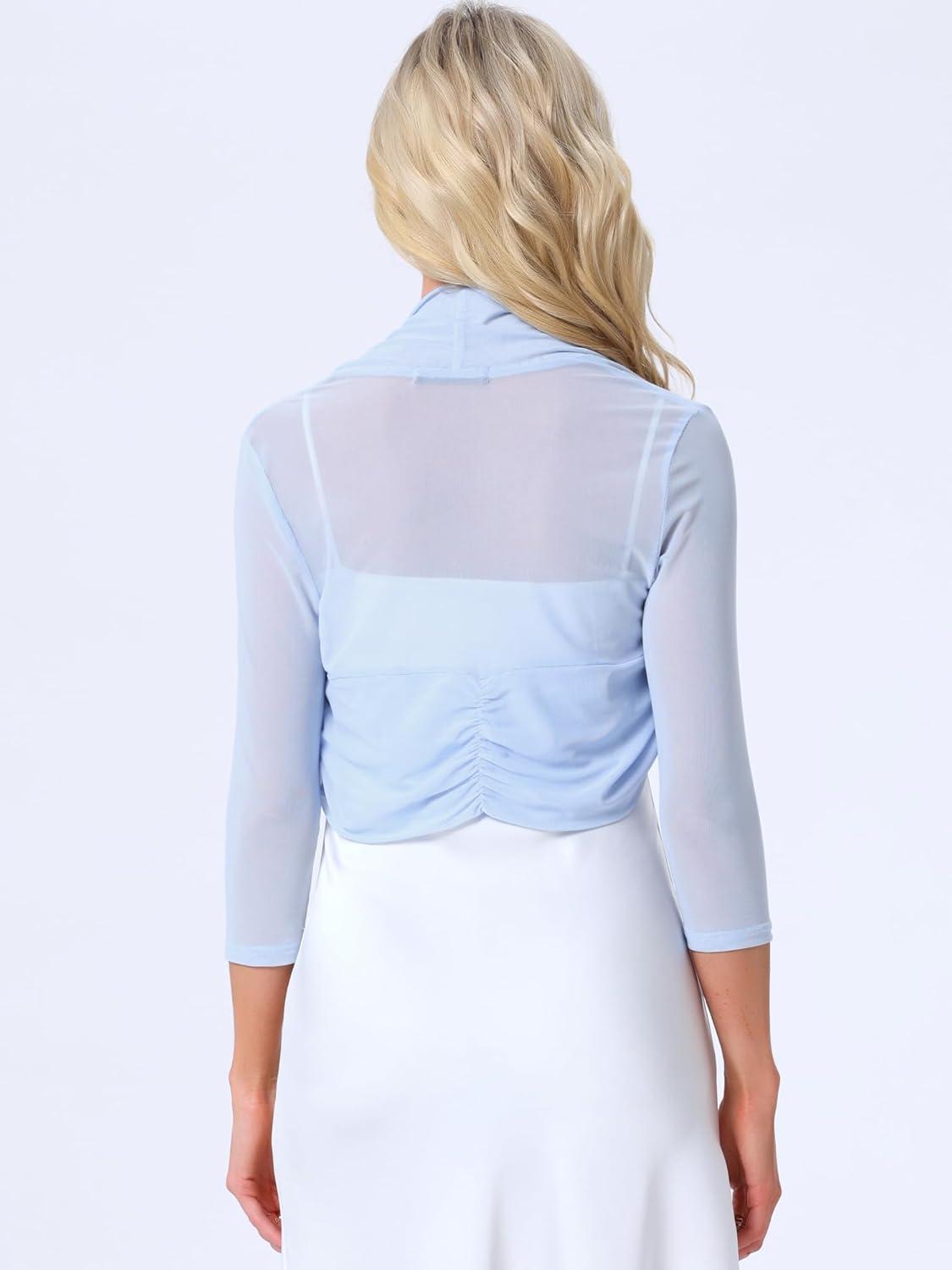 imageAllegra K Womens 34 Sleeve Sheer Mesh Shrug Open Front Cropped Bolero CardiganBlue Light