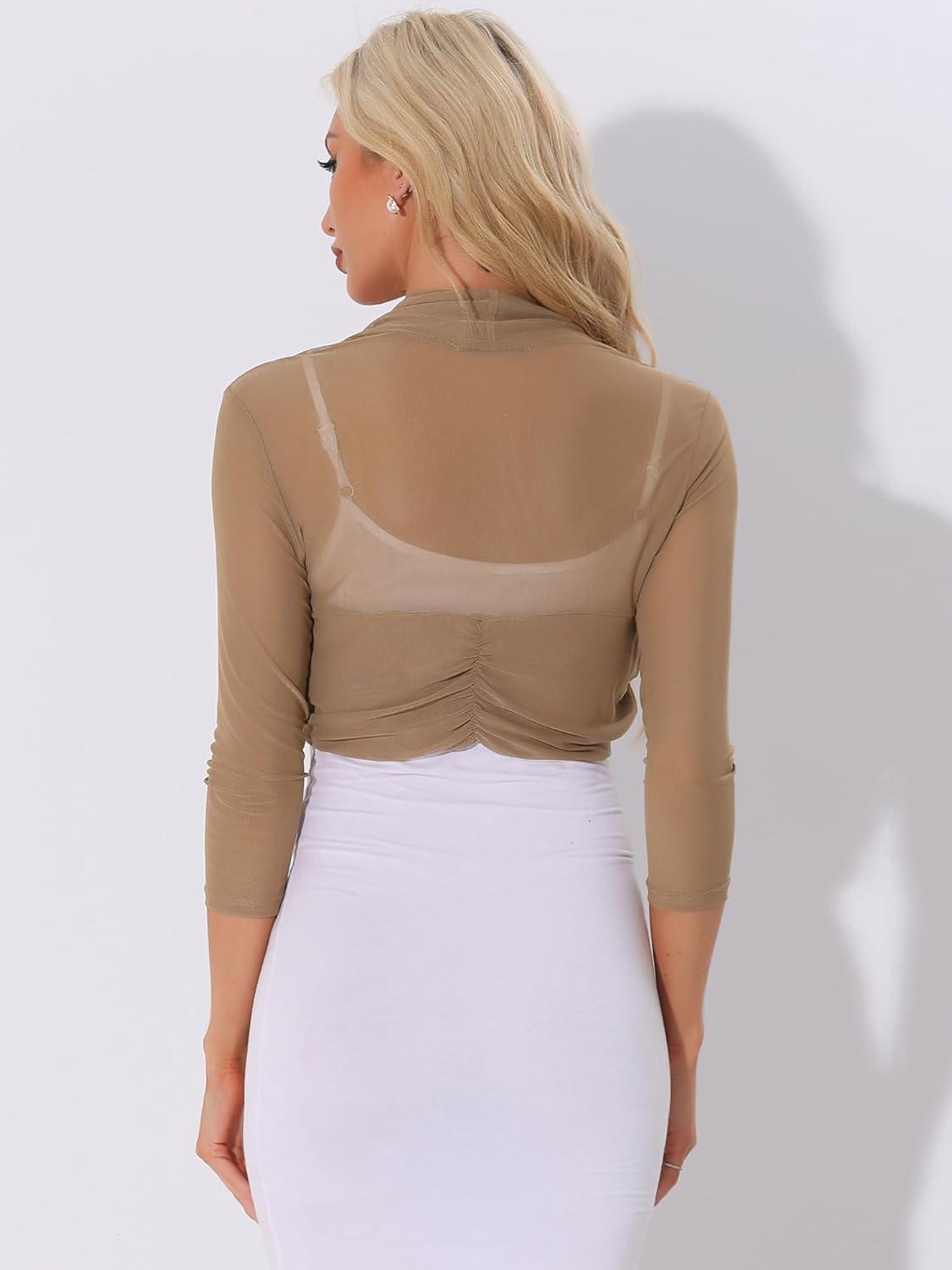 imageAllegra K Womens 34 Sleeve Sheer Mesh Shrug Open Front Cropped Bolero CardiganDark Khaki