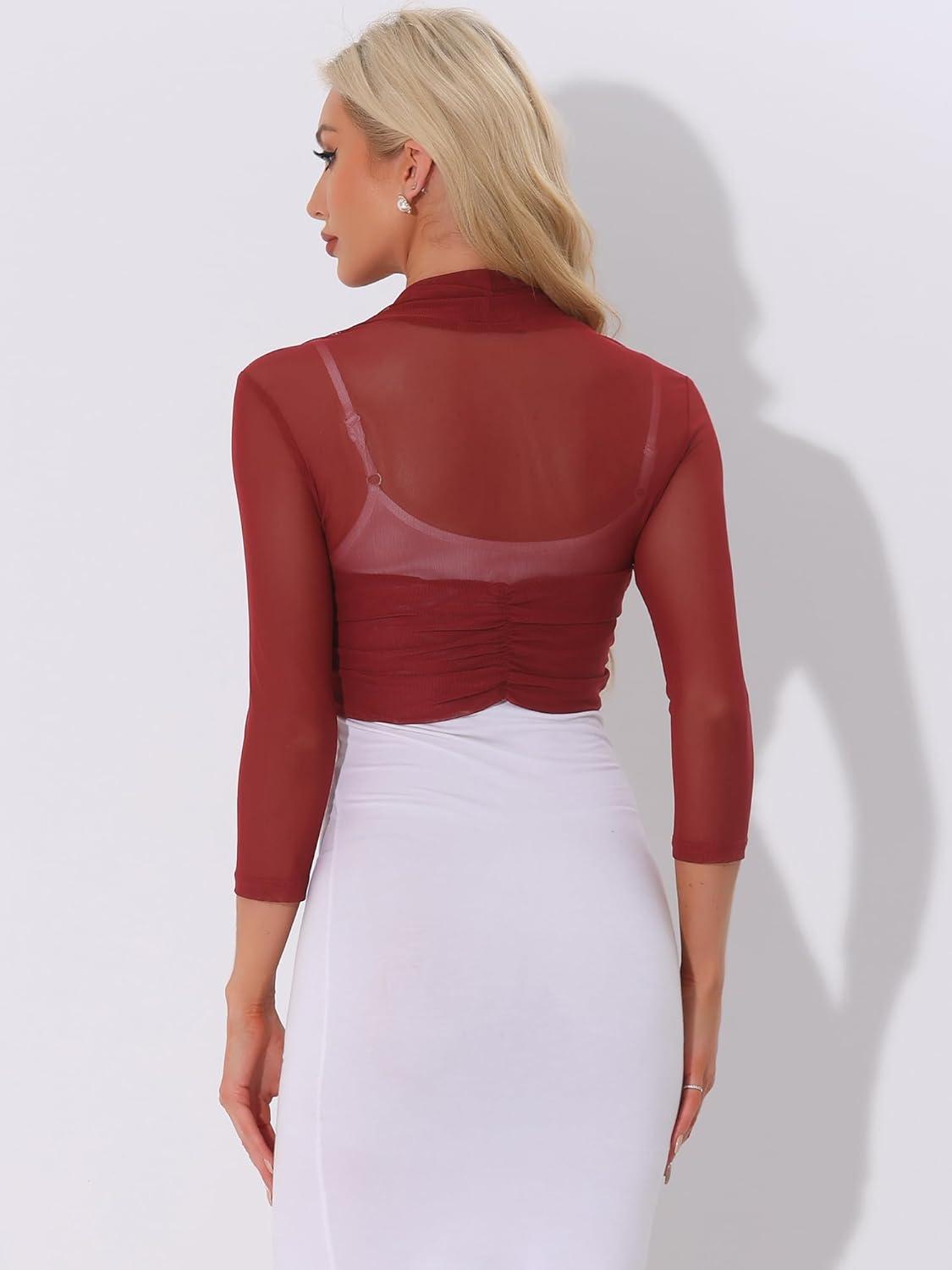imageAllegra K Womens 34 Sleeve Sheer Mesh Shrug Open Front Cropped Bolero CardiganDeep Red