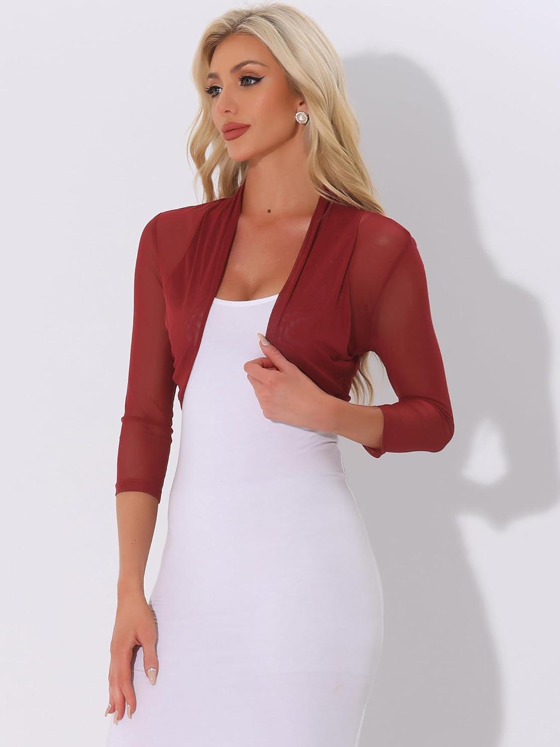 imageAllegra K Womens 34 Sleeve Sheer Mesh Shrug Open Front Cropped Bolero CardiganDeep Red