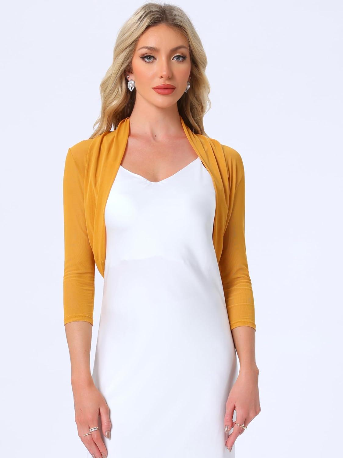 imageAllegra K Womens 34 Sleeve Sheer Mesh Shrug Open Front Cropped Bolero CardiganGinger