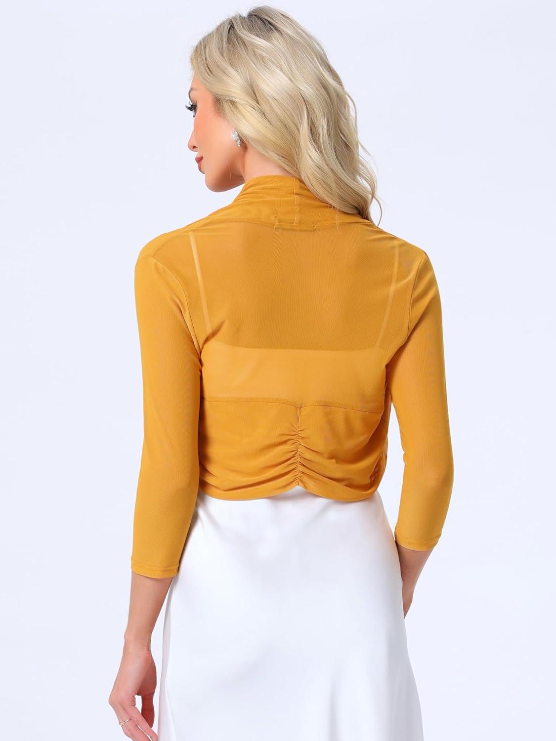 imageAllegra K Womens 34 Sleeve Sheer Mesh Shrug Open Front Cropped Bolero CardiganGinger