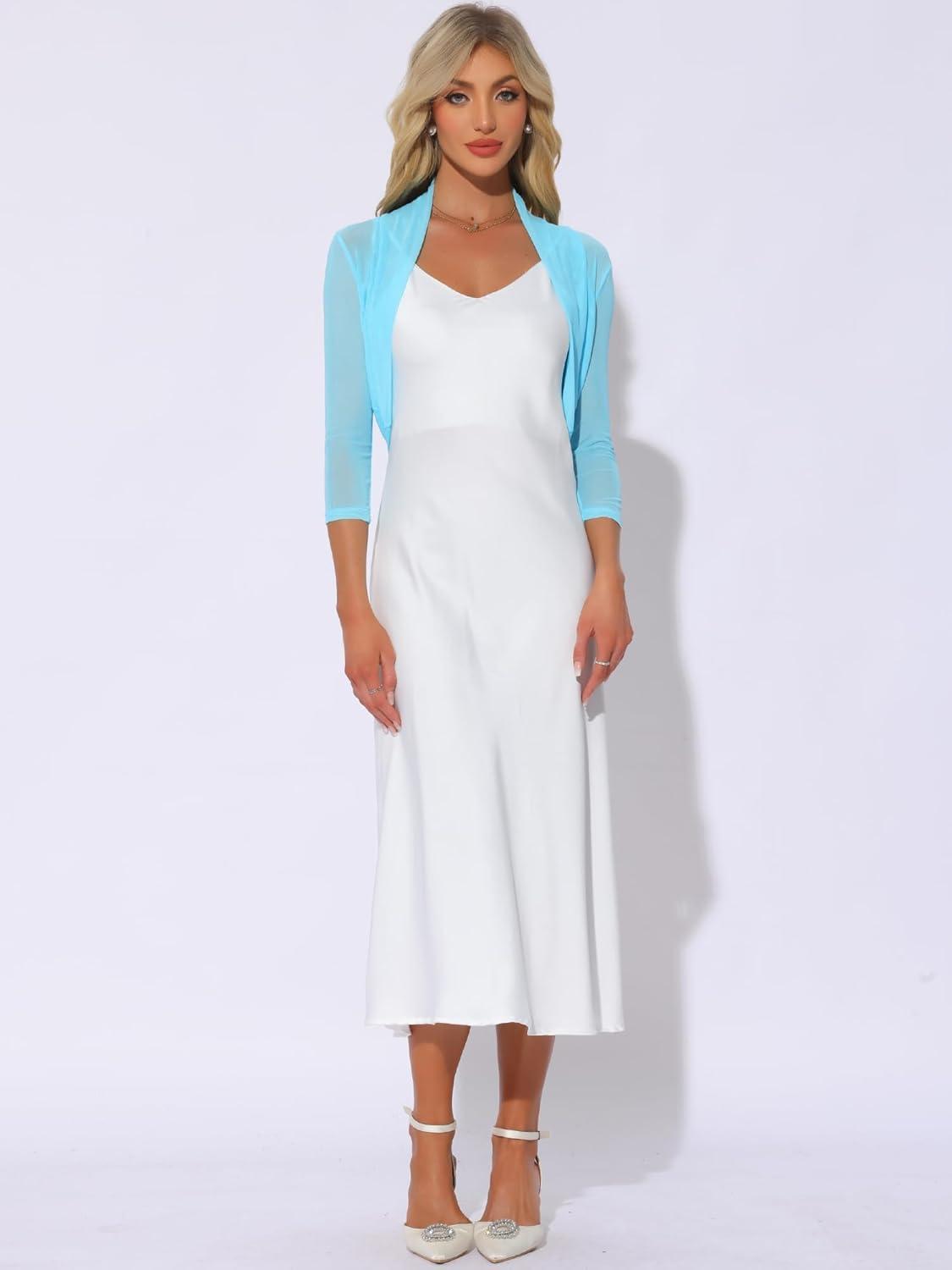 imageAllegra K Womens 34 Sleeve Sheer Mesh Shrug Open Front Cropped Bolero CardiganLight Blue