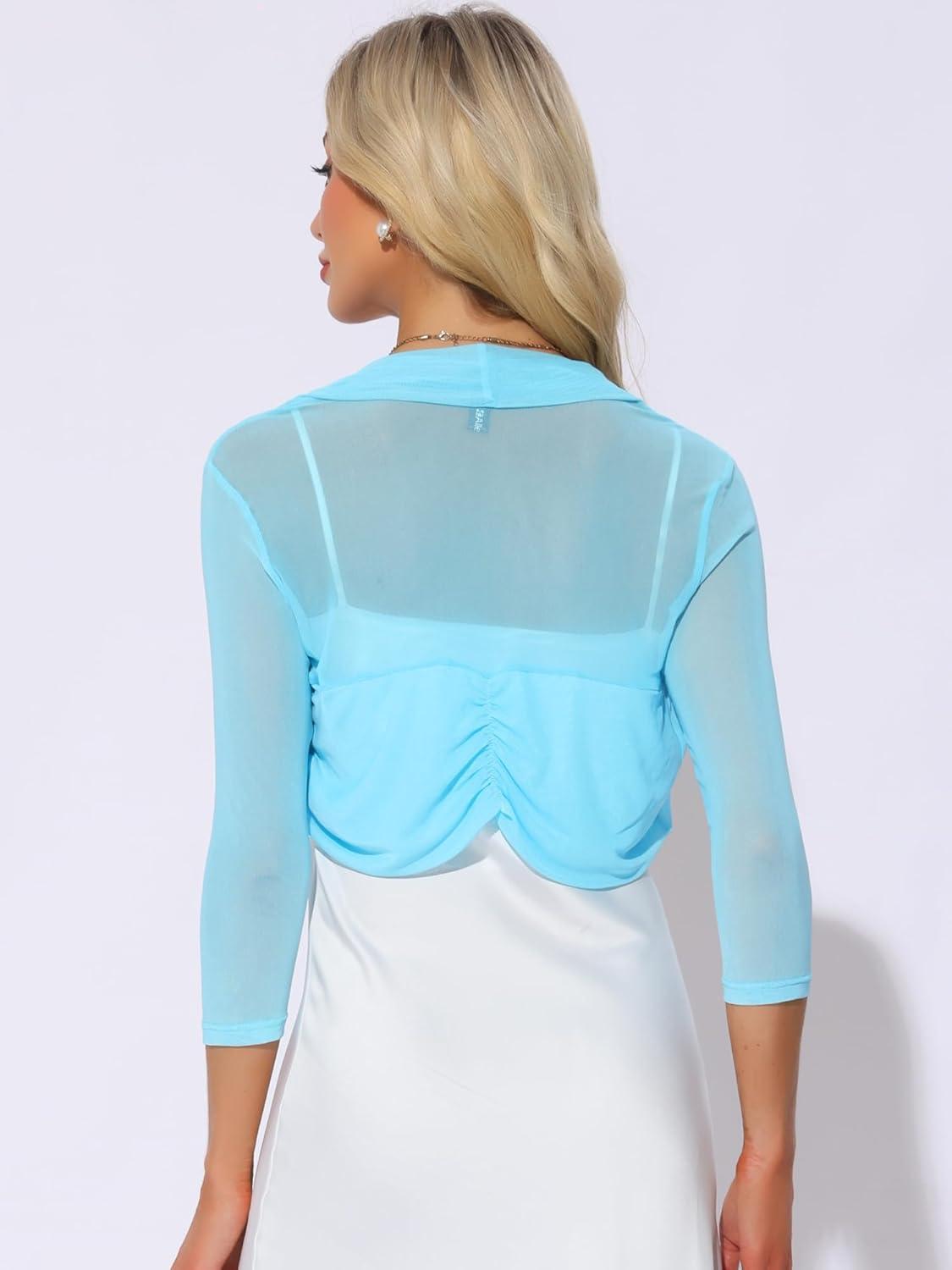 imageAllegra K Womens 34 Sleeve Sheer Mesh Shrug Open Front Cropped Bolero CardiganLight Blue