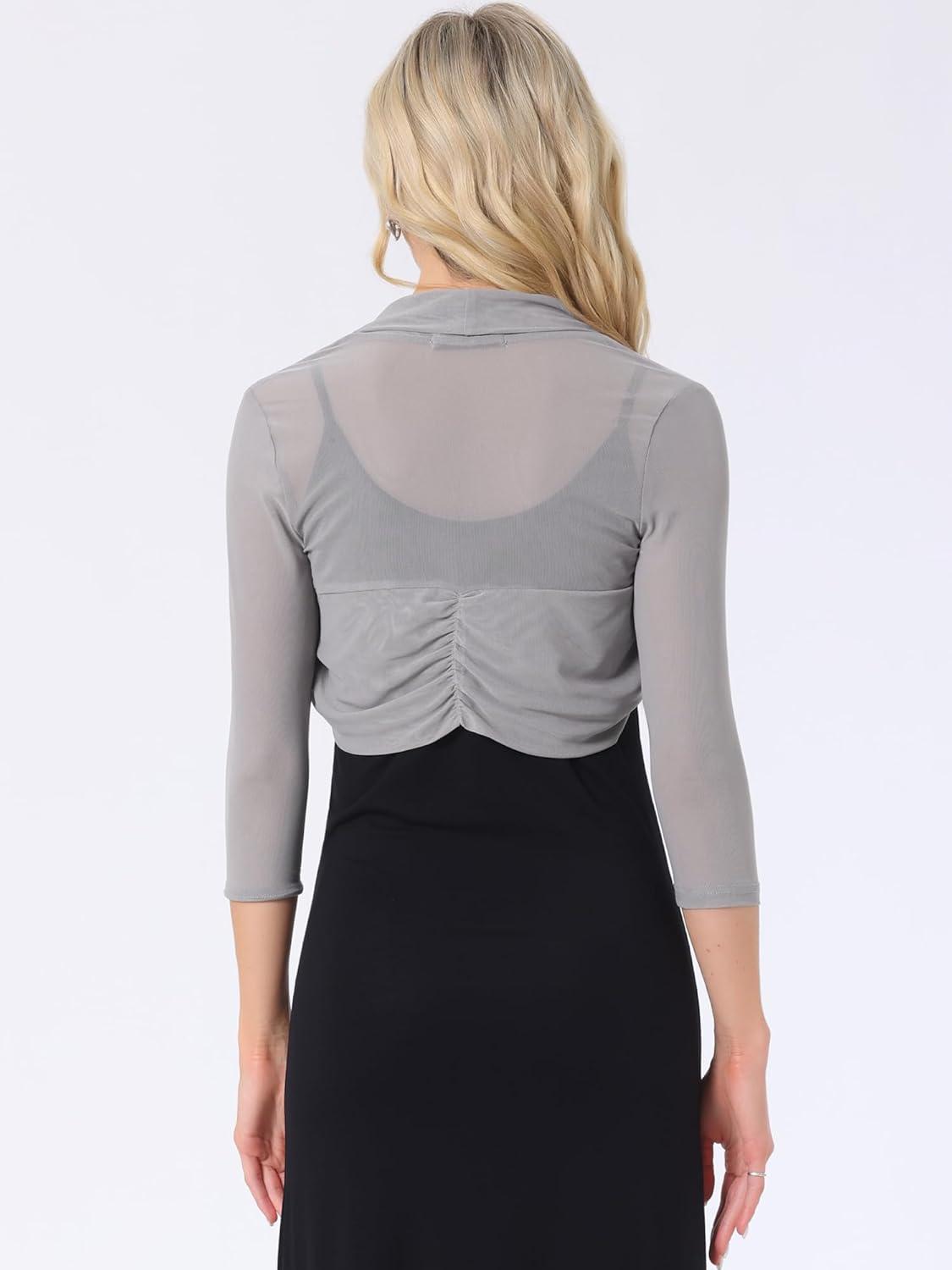 imageAllegra K Womens 34 Sleeve Sheer Mesh Shrug Open Front Cropped Bolero CardiganLight Grey