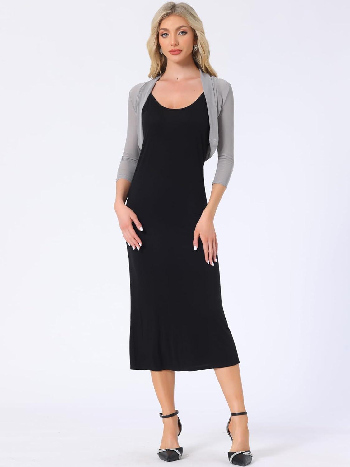 imageAllegra K Womens 34 Sleeve Sheer Mesh Shrug Open Front Cropped Bolero CardiganLight Grey