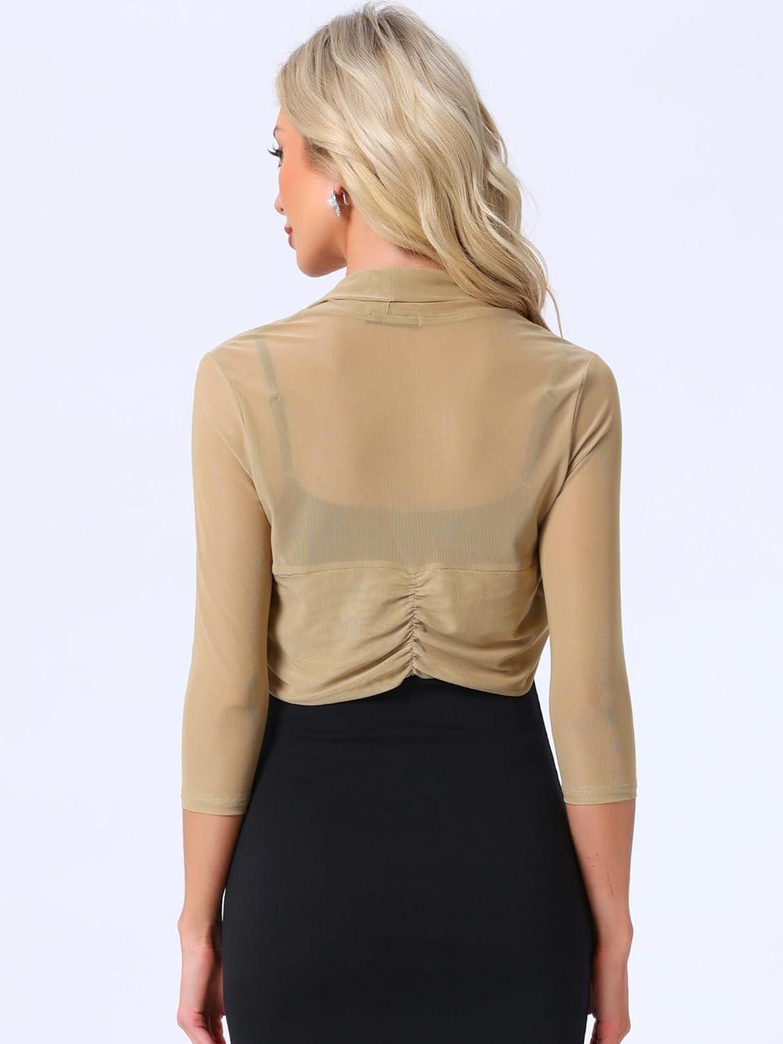 imageAllegra K Womens 34 Sleeve Sheer Mesh Shrug Open Front Cropped Bolero CardiganLight Khaki