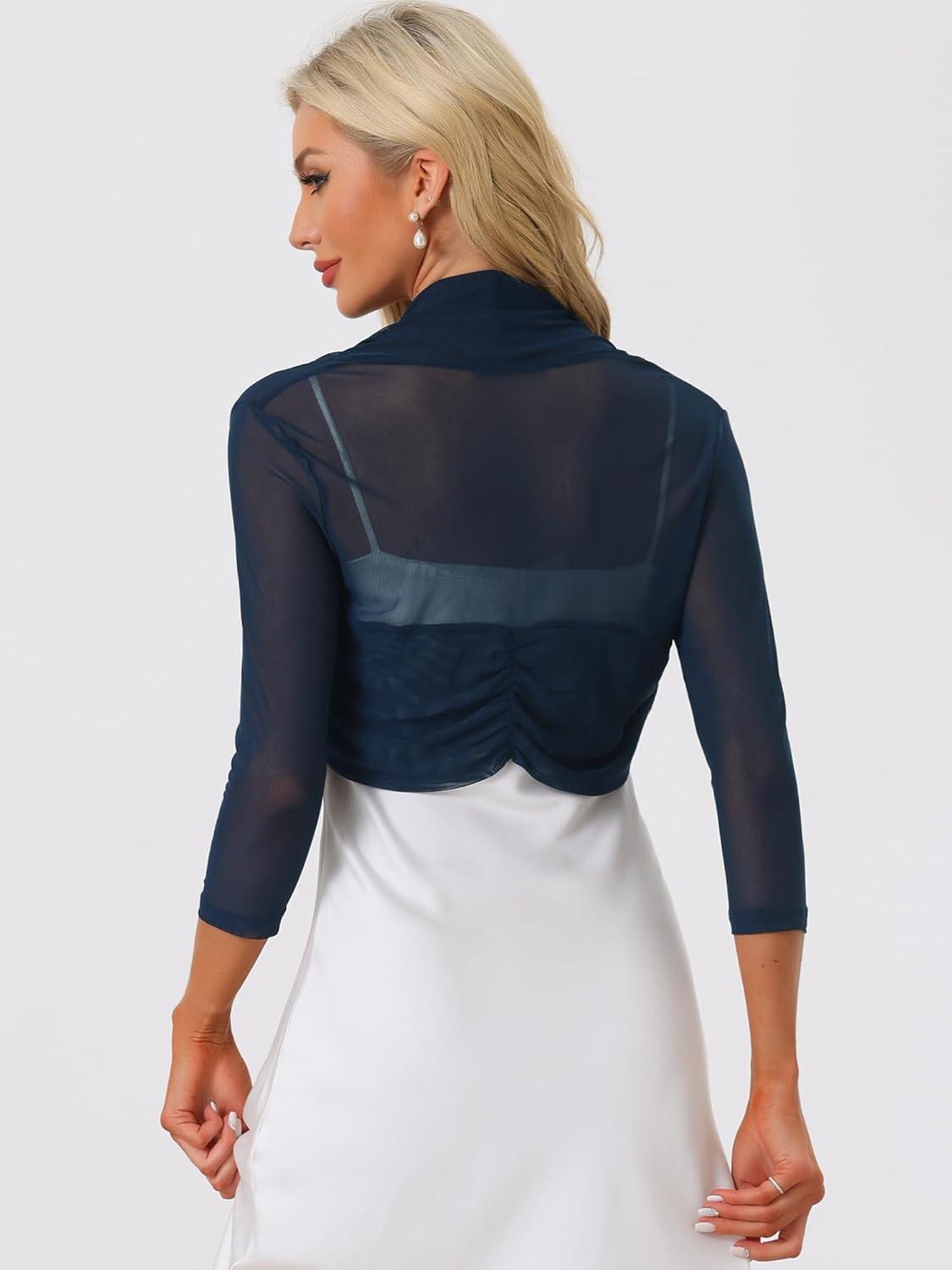 imageAllegra K Womens 34 Sleeve Sheer Mesh Shrug Open Front Cropped Bolero CardiganNavy Blue