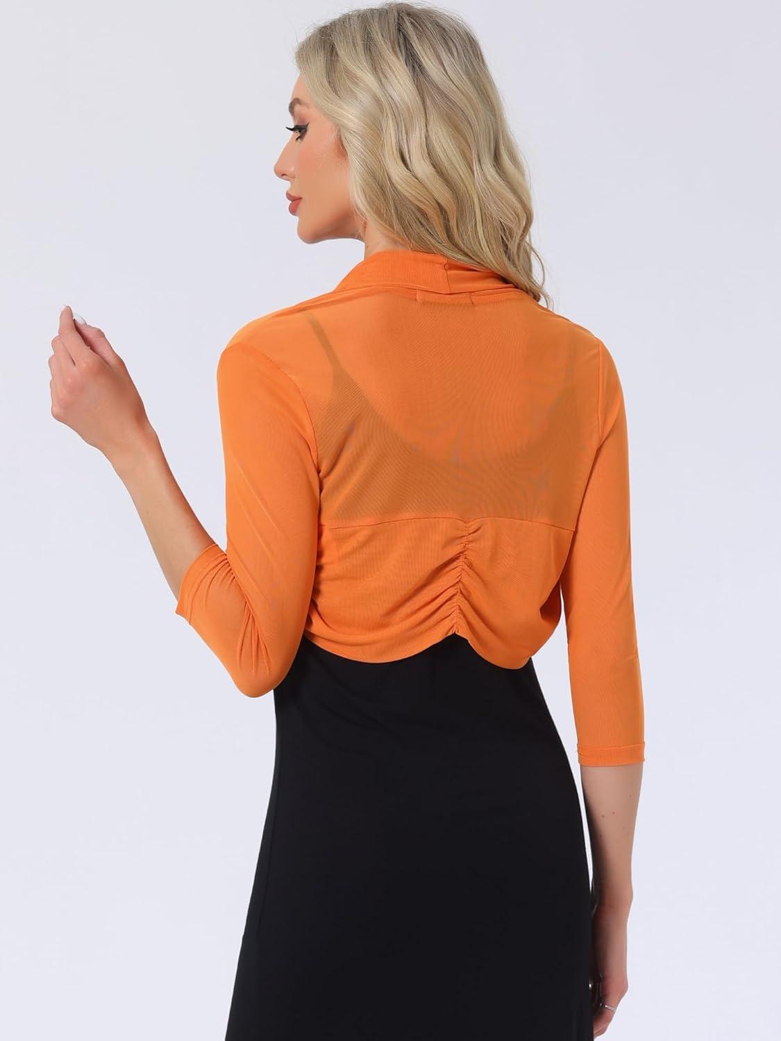imageAllegra K Womens 34 Sleeve Sheer Mesh Shrug Open Front Cropped Bolero CardiganOrange