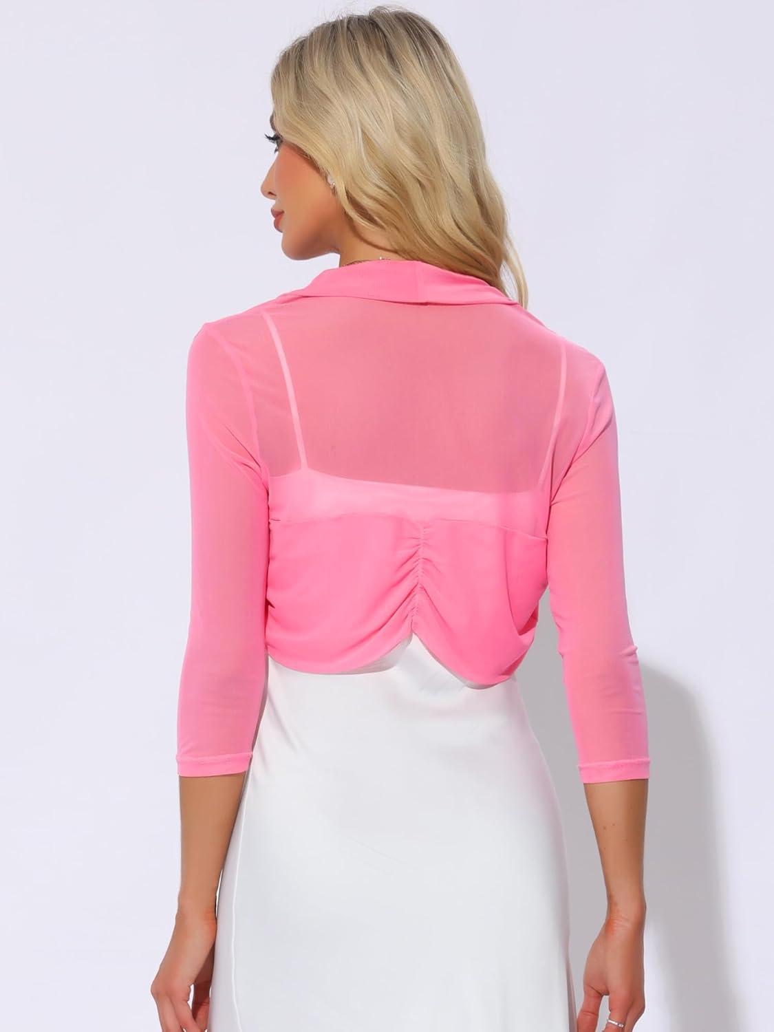 imageAllegra K Womens 34 Sleeve Sheer Mesh Shrug Open Front Cropped Bolero CardiganPinks