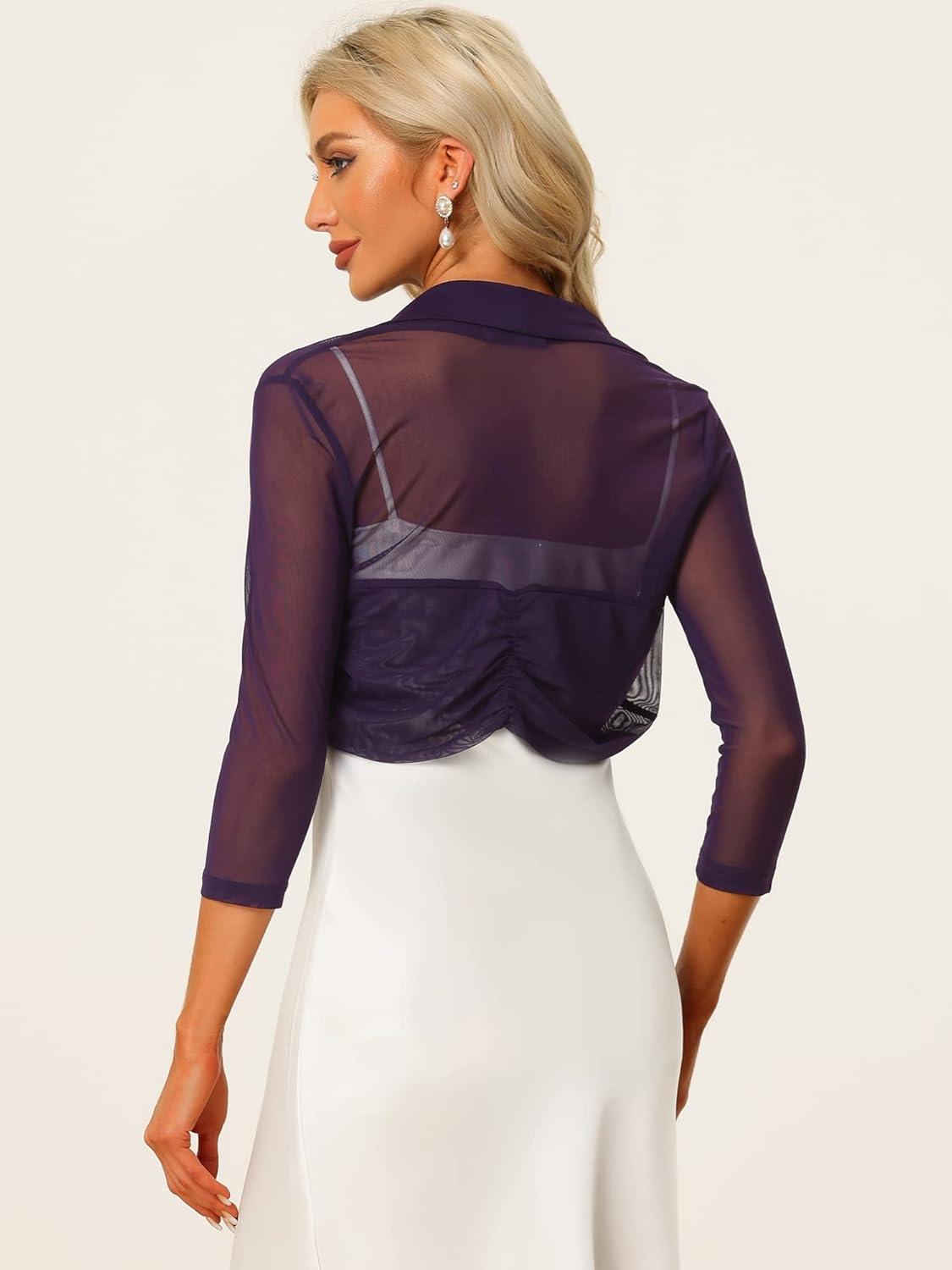 imageAllegra K Womens 34 Sleeve Sheer Mesh Shrug Open Front Cropped Bolero CardiganPurple