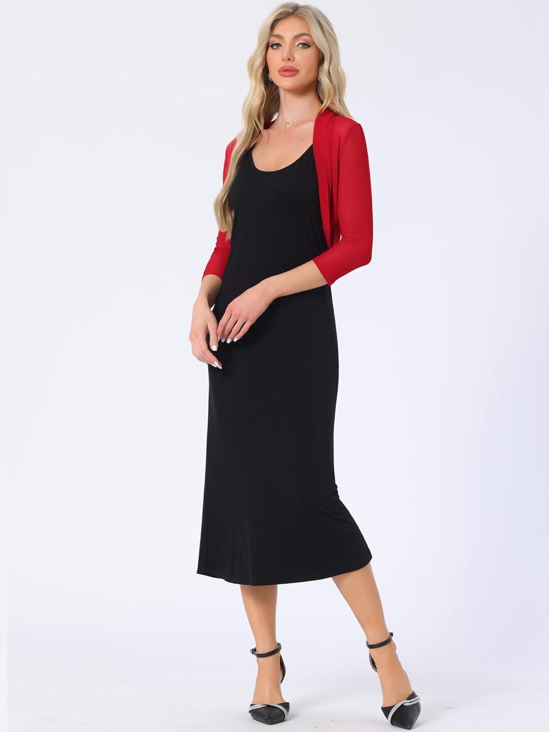 imageAllegra K Womens 34 Sleeve Sheer Mesh Shrug Open Front Cropped Bolero CardiganRed