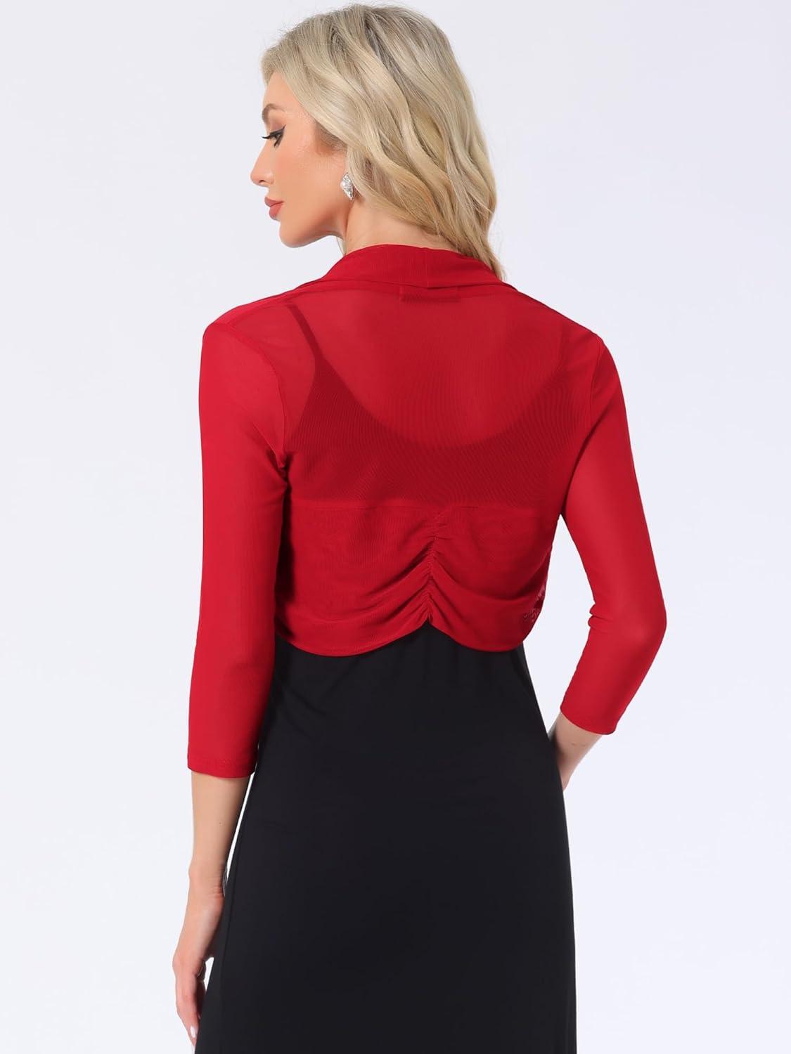 imageAllegra K Womens 34 Sleeve Sheer Mesh Shrug Open Front Cropped Bolero CardiganRed