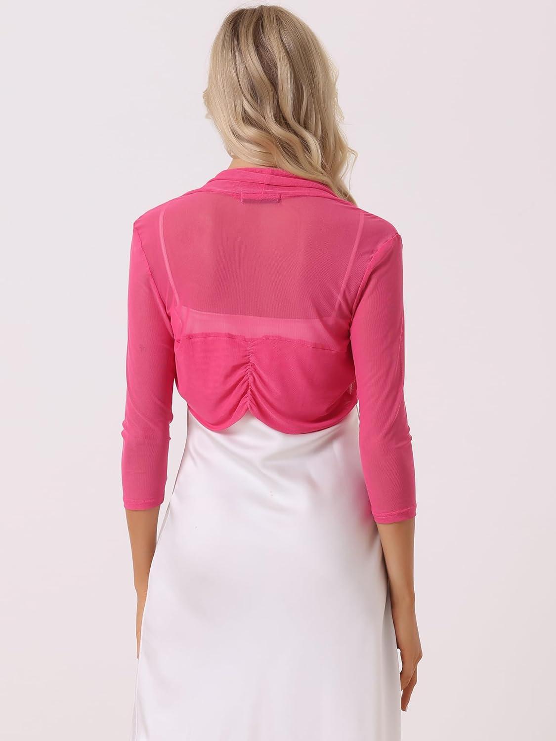 imageAllegra K Womens 34 Sleeve Sheer Mesh Shrug Open Front Cropped Bolero CardiganRose Red