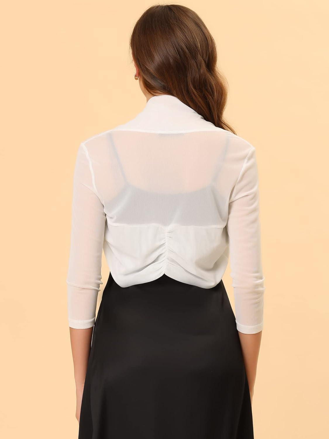 imageAllegra K Womens 34 Sleeve Sheer Mesh Shrug Open Front Cropped Bolero CardiganWhite