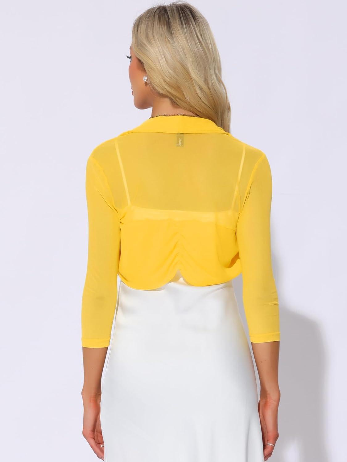 imageAllegra K Womens 34 Sleeve Sheer Mesh Shrug Open Front Cropped Bolero CardiganYellow