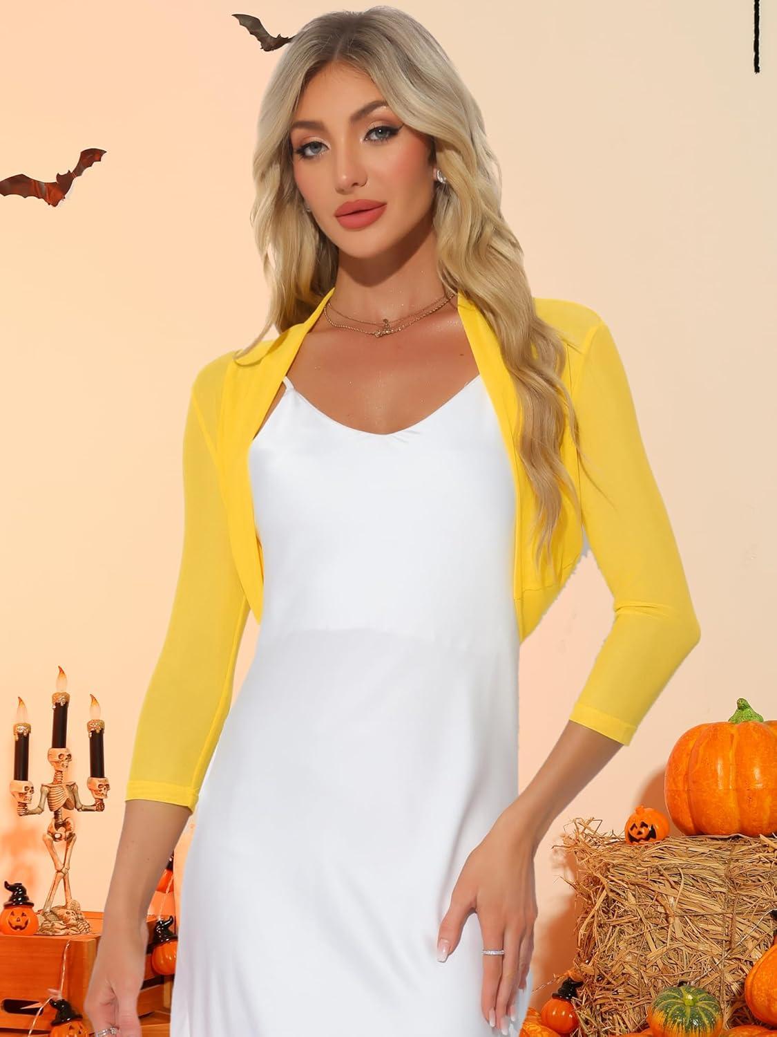 imageAllegra K Womens 34 Sleeve Sheer Mesh Shrug Open Front Cropped Bolero CardiganYellow