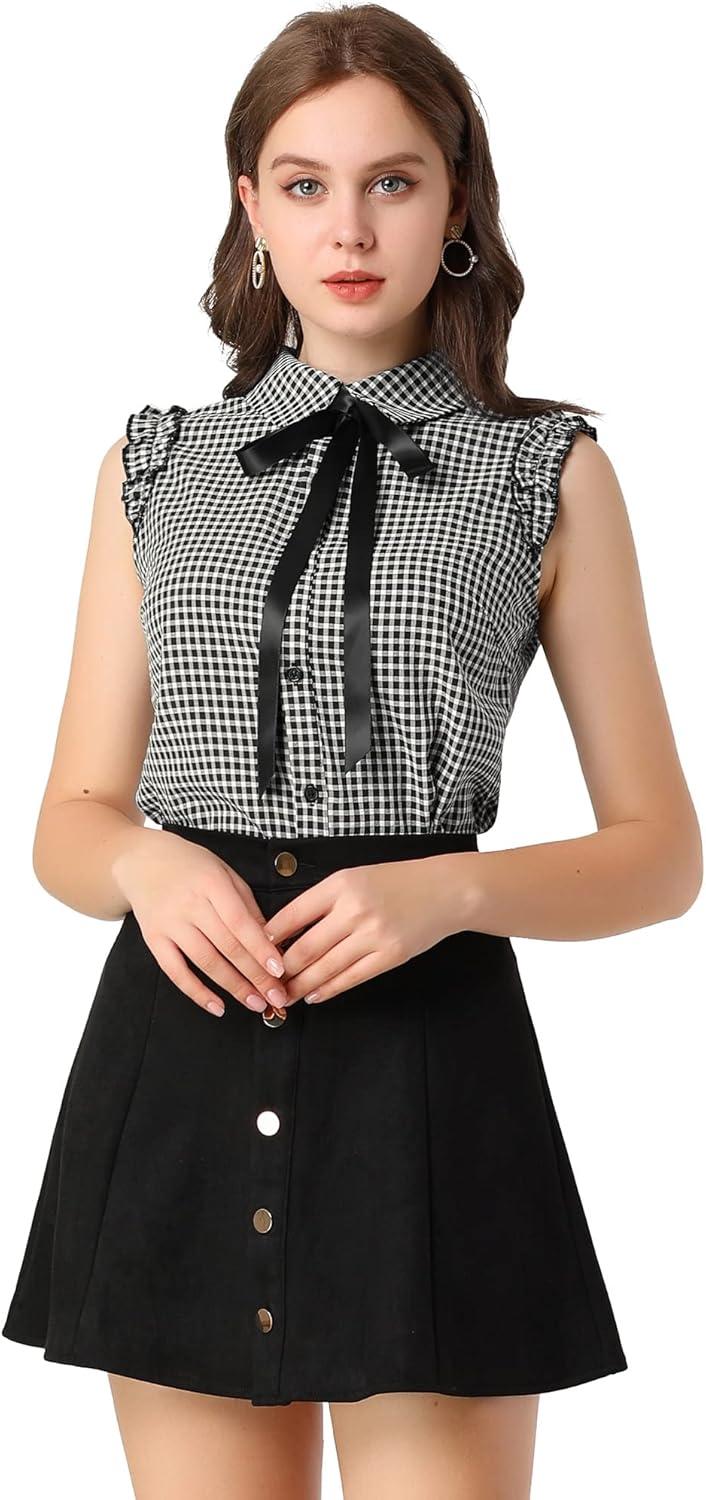 imageAllegra K Womens Bow Tie Neck Blouse Vintage Ruffle Sleeveless Gingham Plaid ShirtBlack