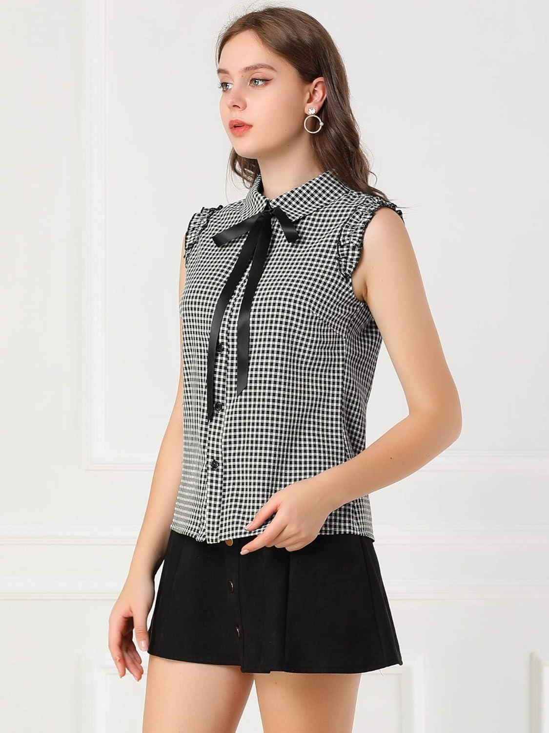 imageAllegra K Womens Bow Tie Neck Blouse Vintage Ruffle Sleeveless Gingham Plaid ShirtBlack