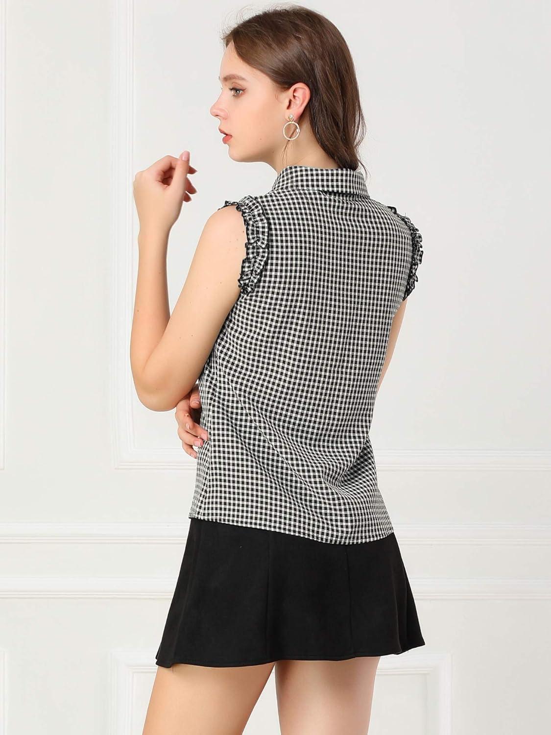 imageAllegra K Womens Bow Tie Neck Blouse Vintage Ruffle Sleeveless Gingham Plaid ShirtBlack