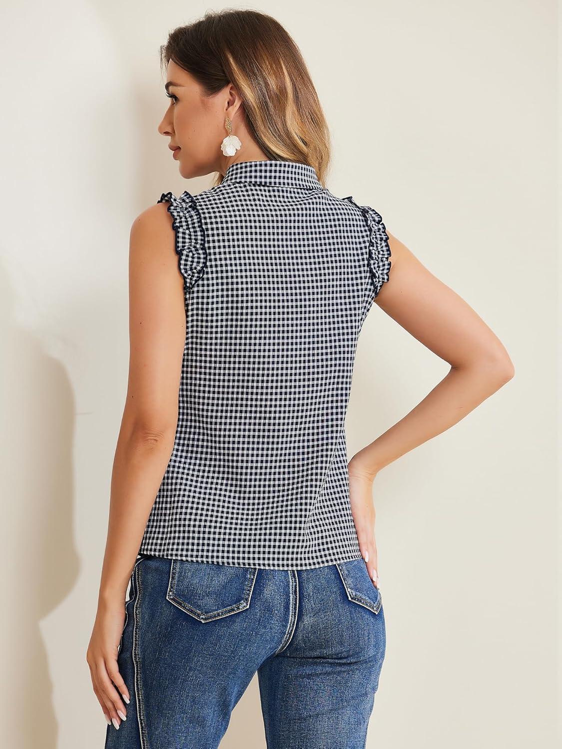 imageAllegra K Womens Bow Tie Neck Blouse Vintage Ruffle Sleeveless Gingham Plaid ShirtDark Blue