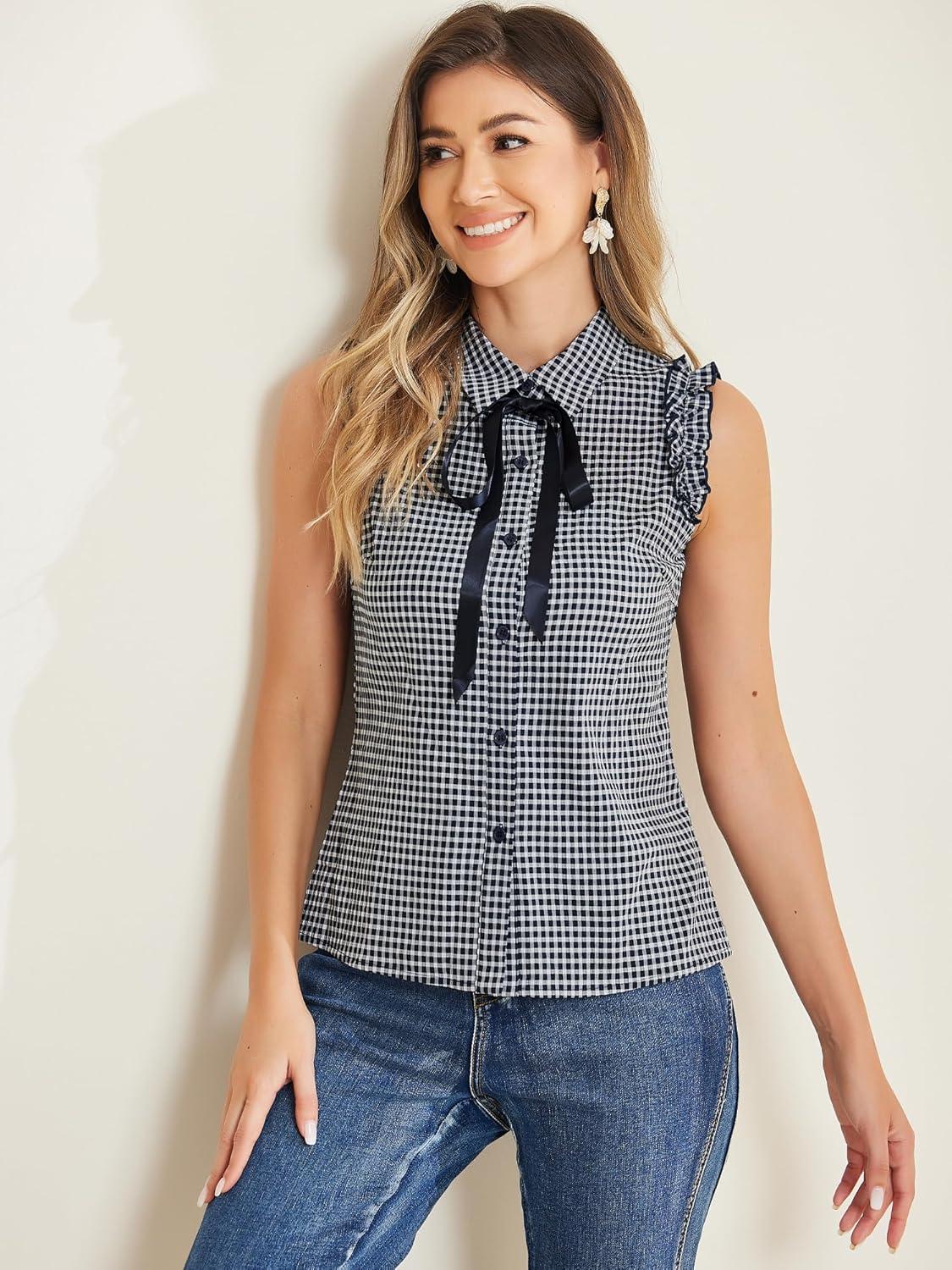 imageAllegra K Womens Bow Tie Neck Blouse Vintage Ruffle Sleeveless Gingham Plaid ShirtDark Blue