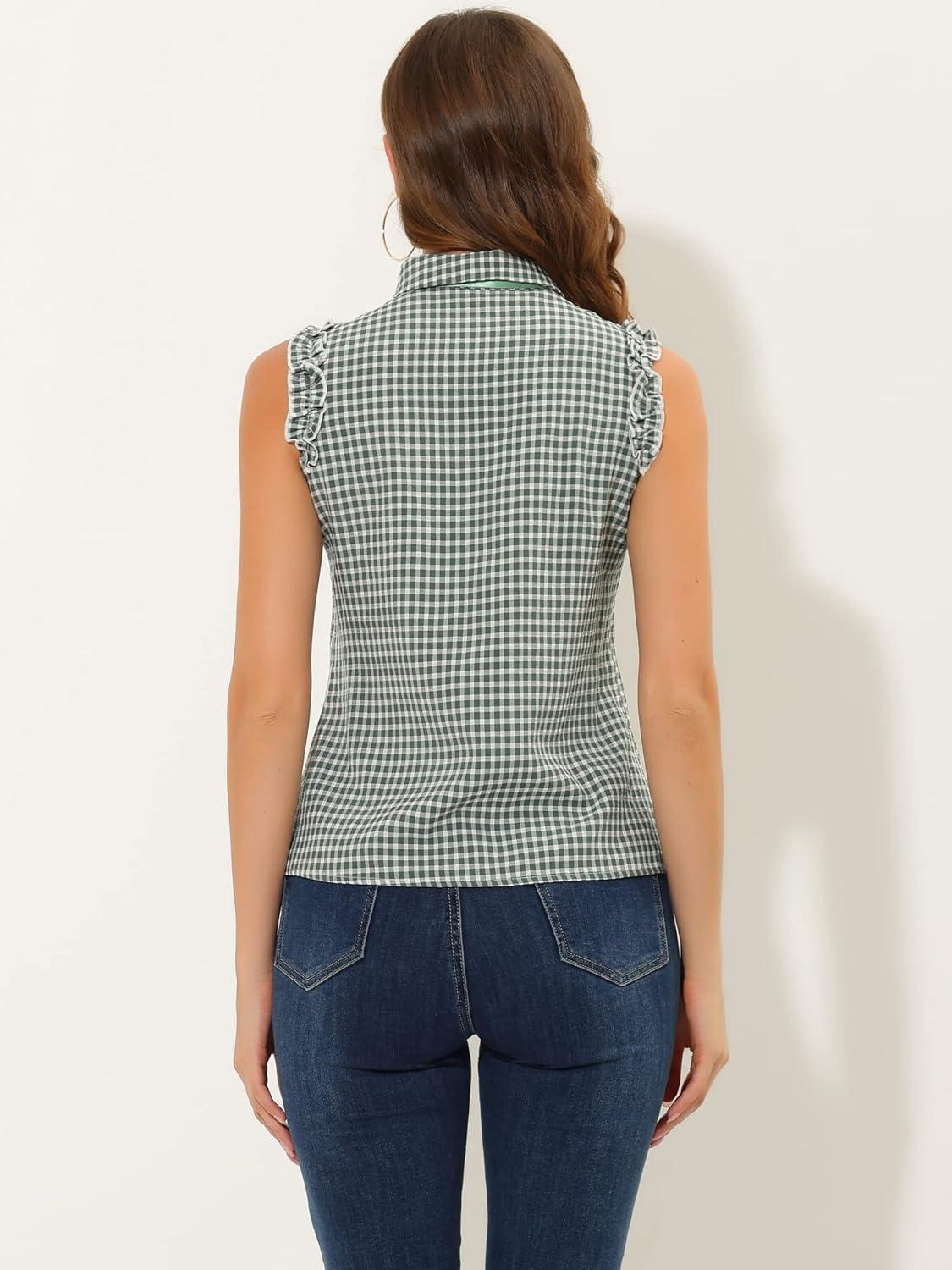 imageAllegra K Womens Bow Tie Neck Blouse Vintage Ruffle Sleeveless Gingham Plaid ShirtGreen