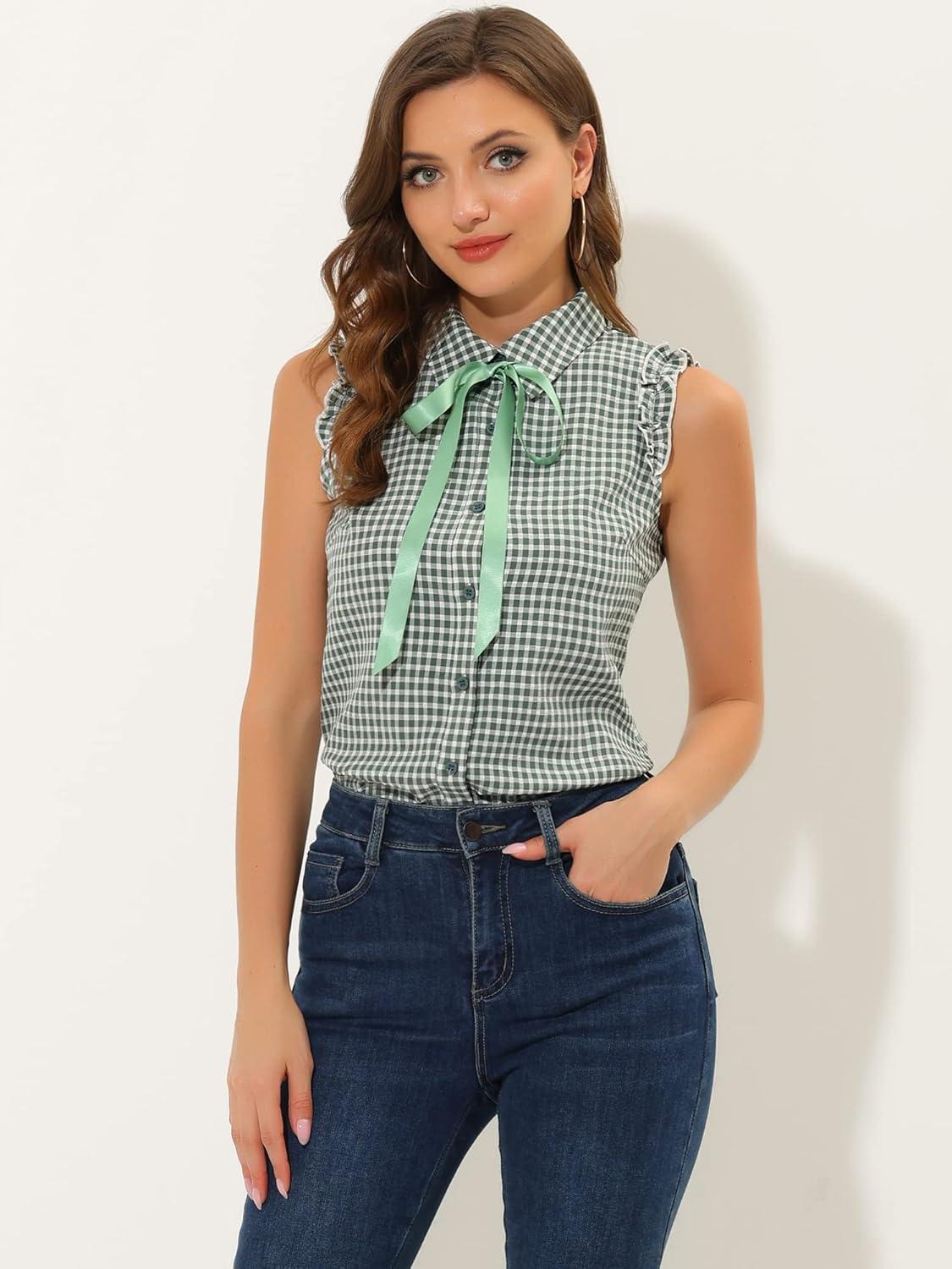 imageAllegra K Womens Bow Tie Neck Blouse Vintage Ruffle Sleeveless Gingham Plaid ShirtGreen