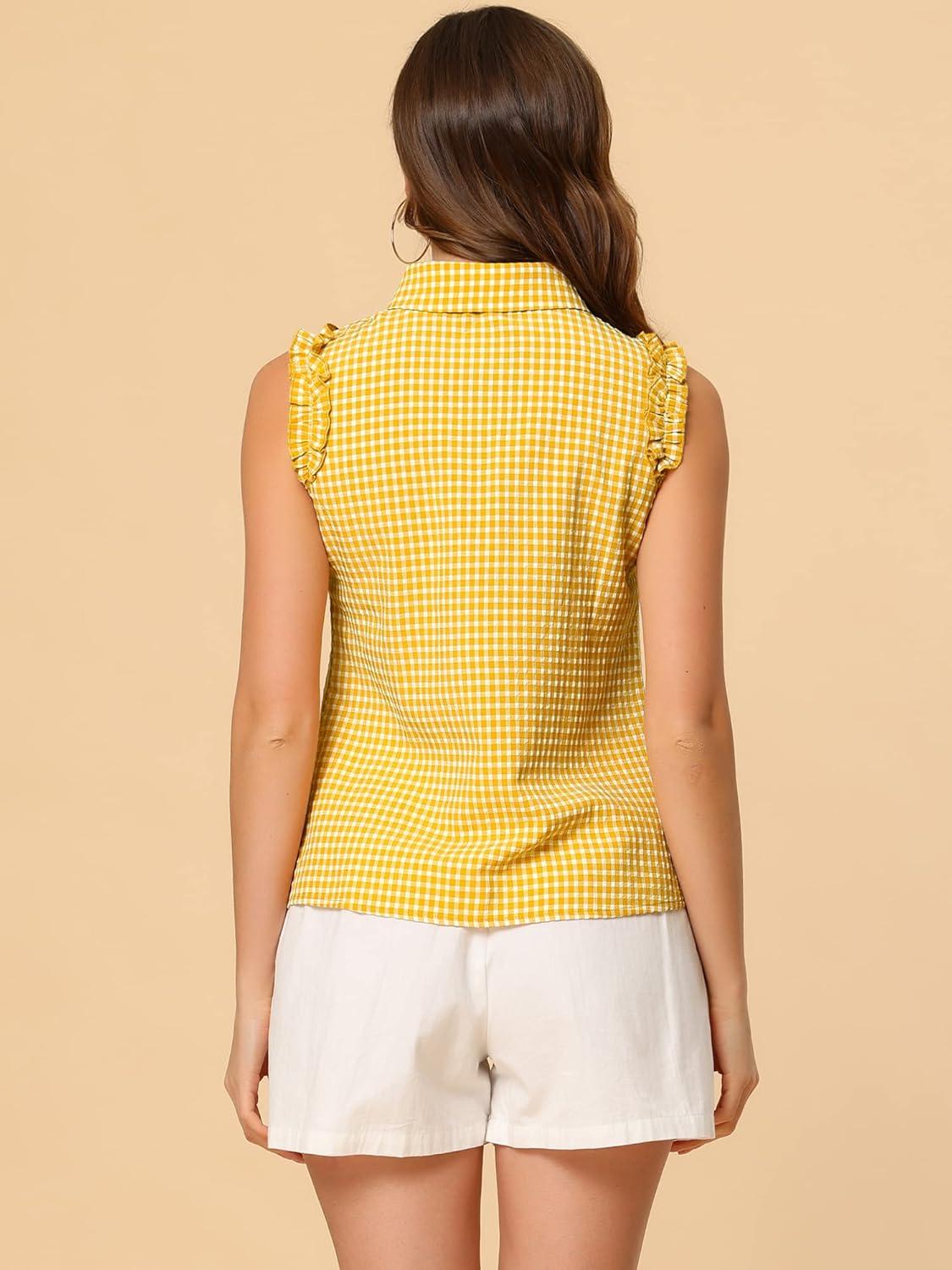 imageAllegra K Womens Bow Tie Neck Blouse Vintage Ruffle Sleeveless Gingham Plaid ShirtLemon Yellow
