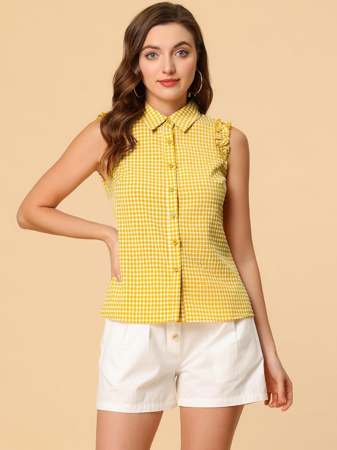 imageAllegra K Womens Bow Tie Neck Blouse Vintage Ruffle Sleeveless Gingham Plaid ShirtLemon Yellow